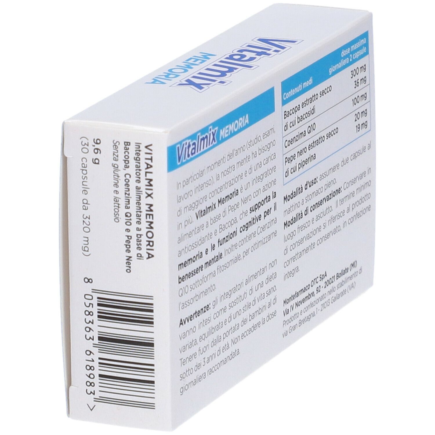 Vista laterale della confezione "Vitalmix Memoria". Contiene informazioni sugli ingredienti e il peso. Testo in italiano.