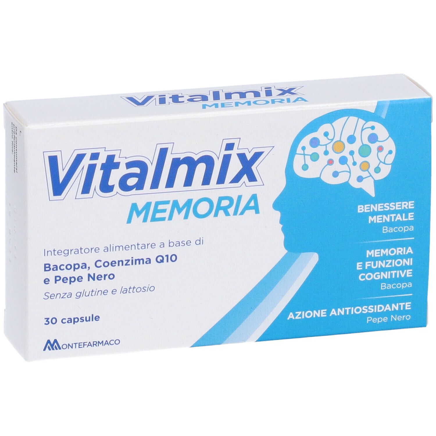 Scatola bianca con logo "Vitalmix Memoria" e design cervello blu. Contiene 30 capsule. Marchio Montefarmaco.