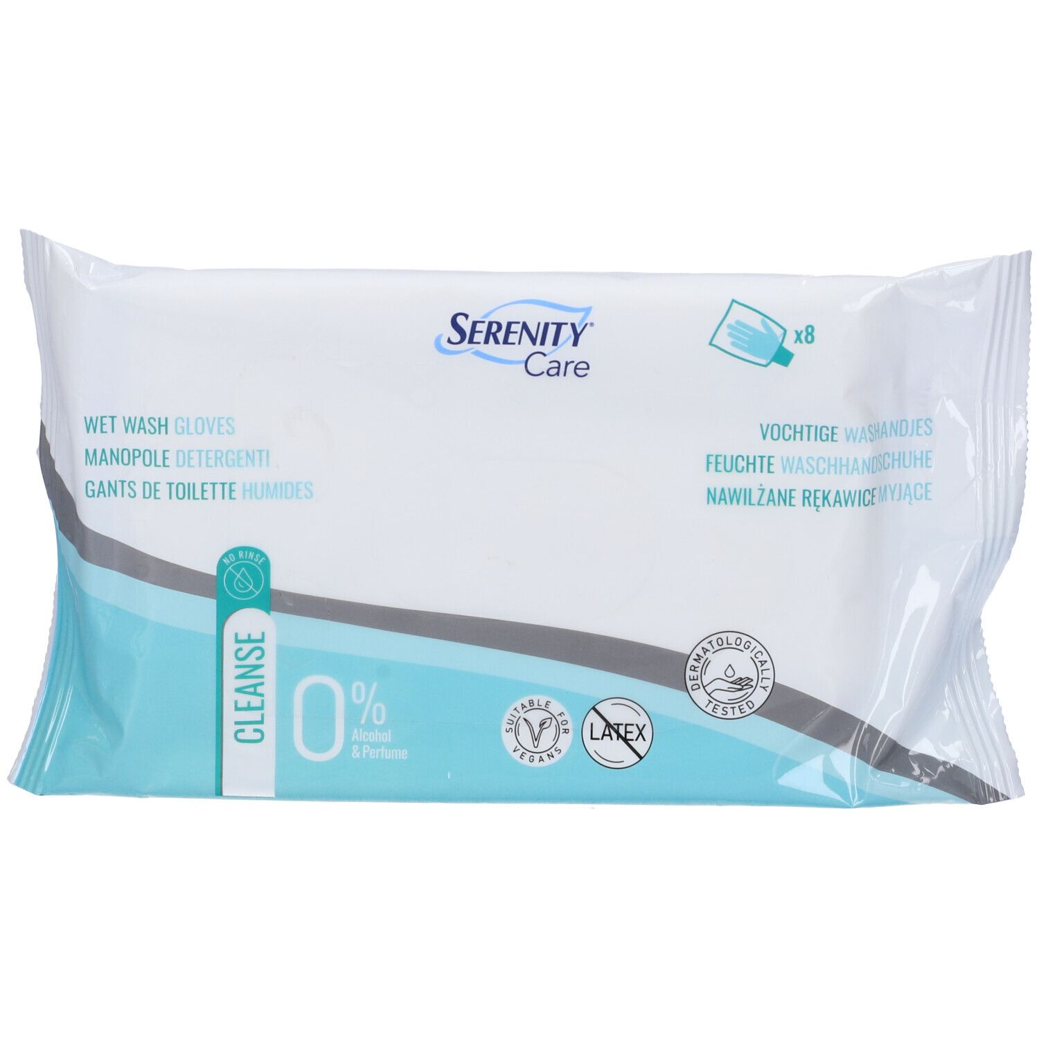 Confezione bianca "Serenity Care Wet Wash Gloves". Contiene 8 pezzi. Testo multilingue. Logo "0% Parfum".