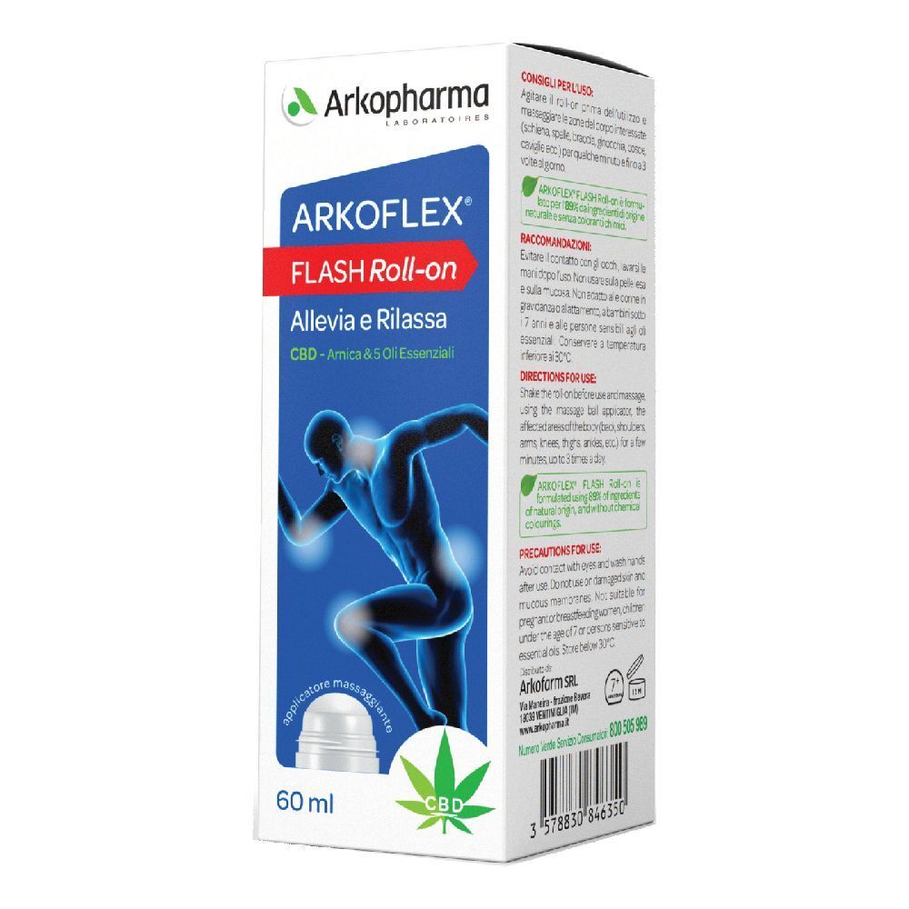 Scatola Arkoflex Flash Roll-on. Nome e logo visibili. Contiene CBD, Arnica e oli essenziali. 60 ml.