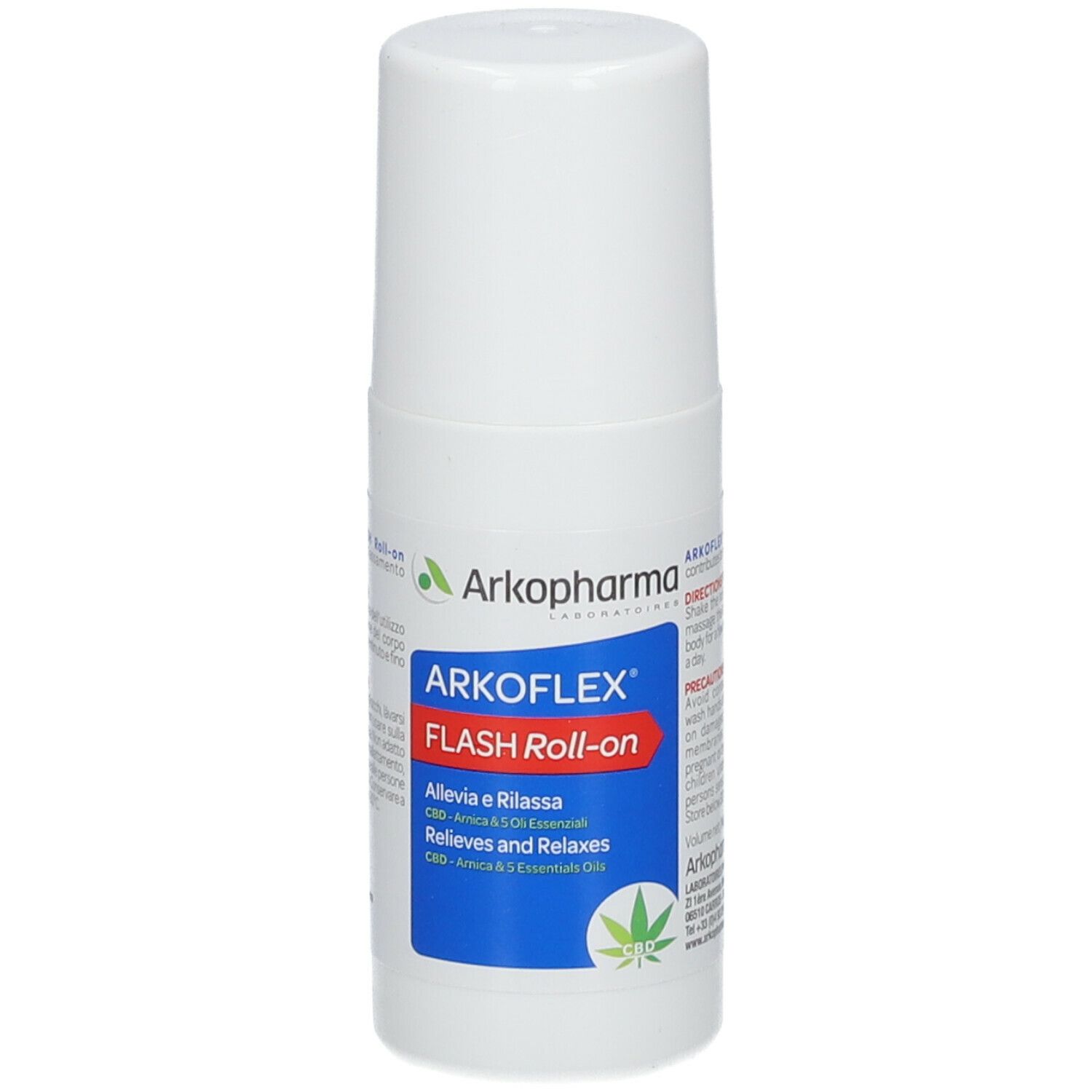 Flacone roll-on bianco. Arkoflex Flash Roll-on, CBD, Arnica e oli essenziali. Logo verde. Testo in italiano.