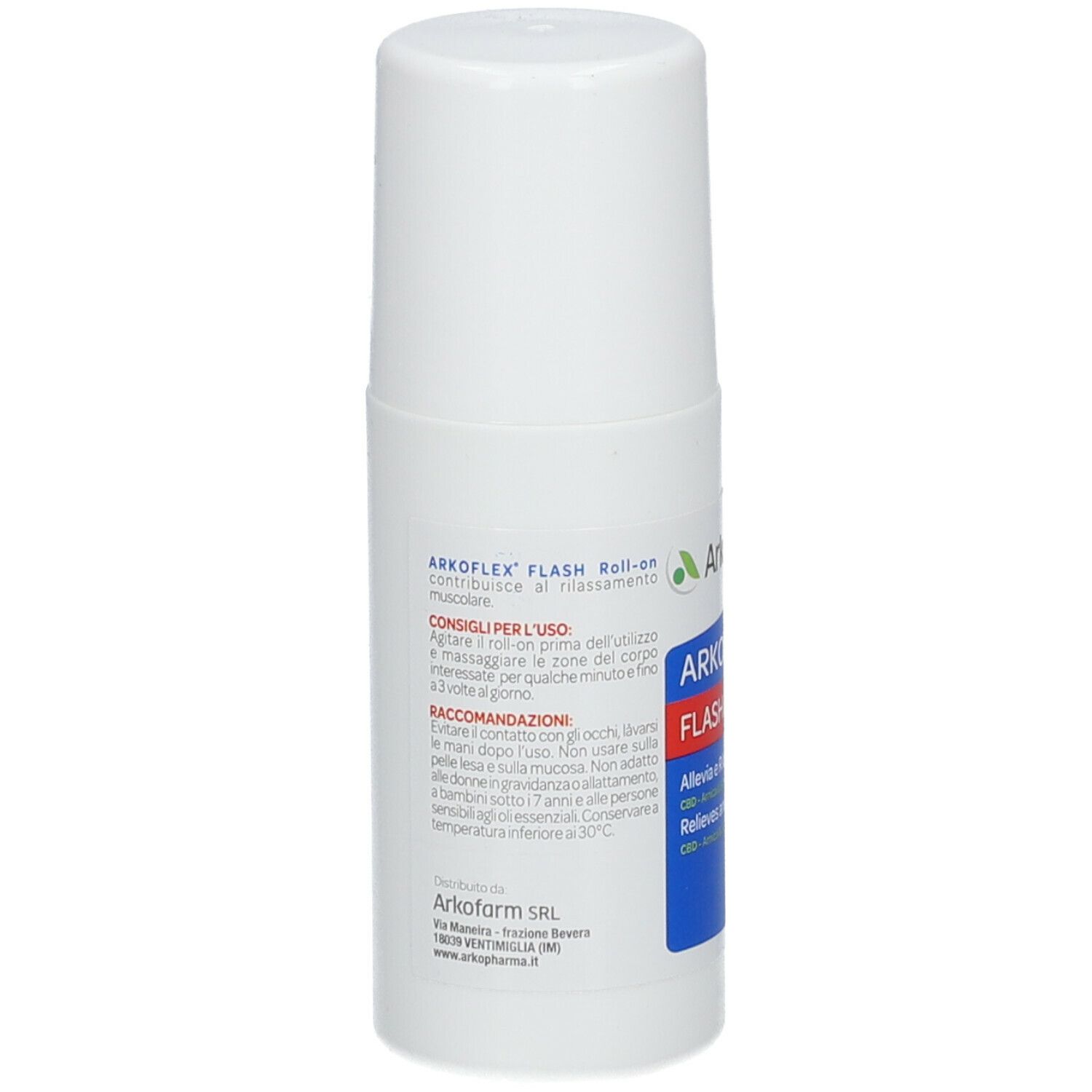 Flacone roll-on bianco. Testo in italiano. Arkoflex Flash Roll-on. CBD, Arnica e oli essenziali. Logo verde.