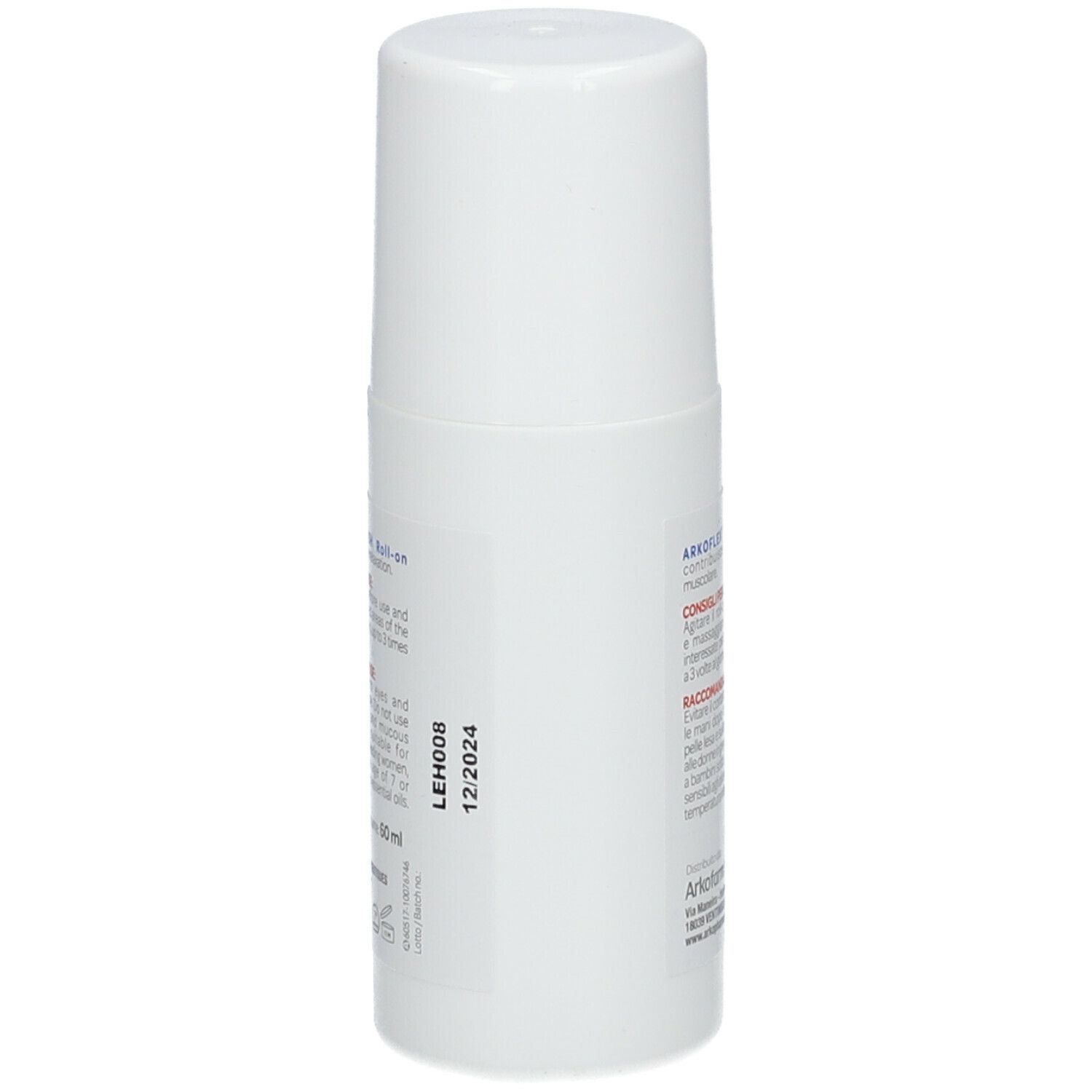 Flacone roll-on bianco. Testo in italiano. Arkoflex Flash Roll-on. CBD, Arnica e oli essenziali. Scadenza.