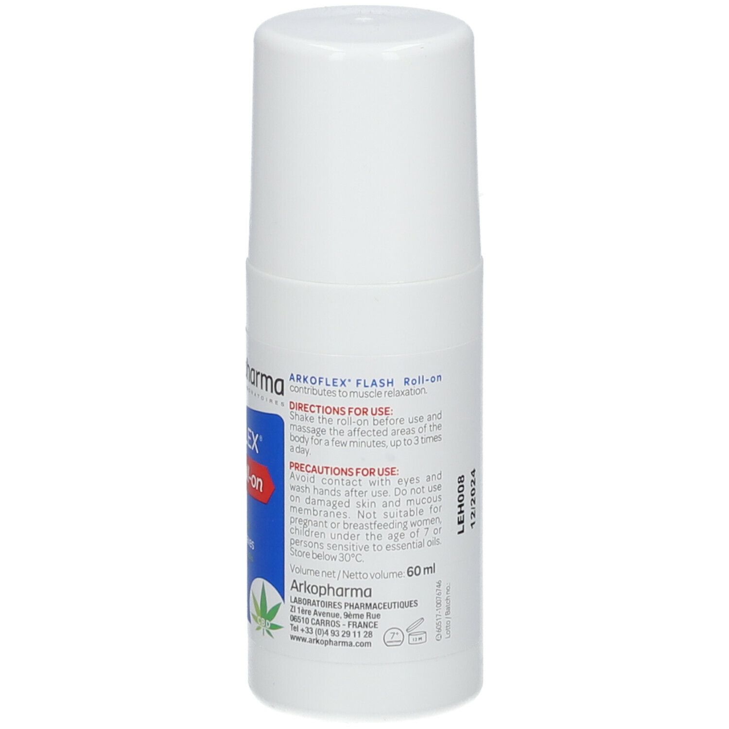 Flacone roll-on bianco. Testo in italiano. Arkoflex Flash Roll-on. CBD, Arnica e oli essenziali. 60 ml.