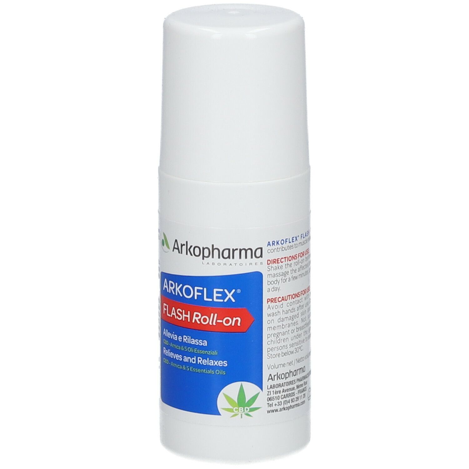 Flacone roll-on bianco. Arkoflex Flash Roll-on, CBD, Arnica e oli essenziali. Logo verde. Testo in italiano.