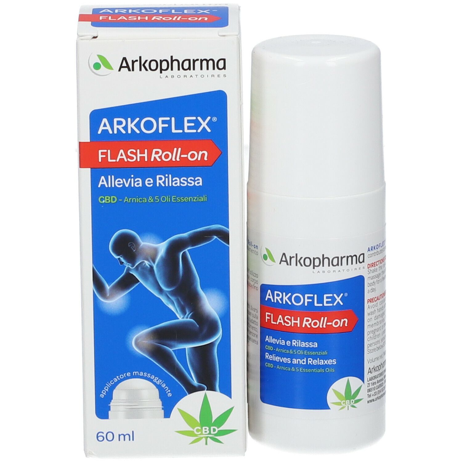Prodotto e confezione. Arkoflex Flash Roll-on, CBD, Arnica e oli essenziali. 60 ml. Logo verde.