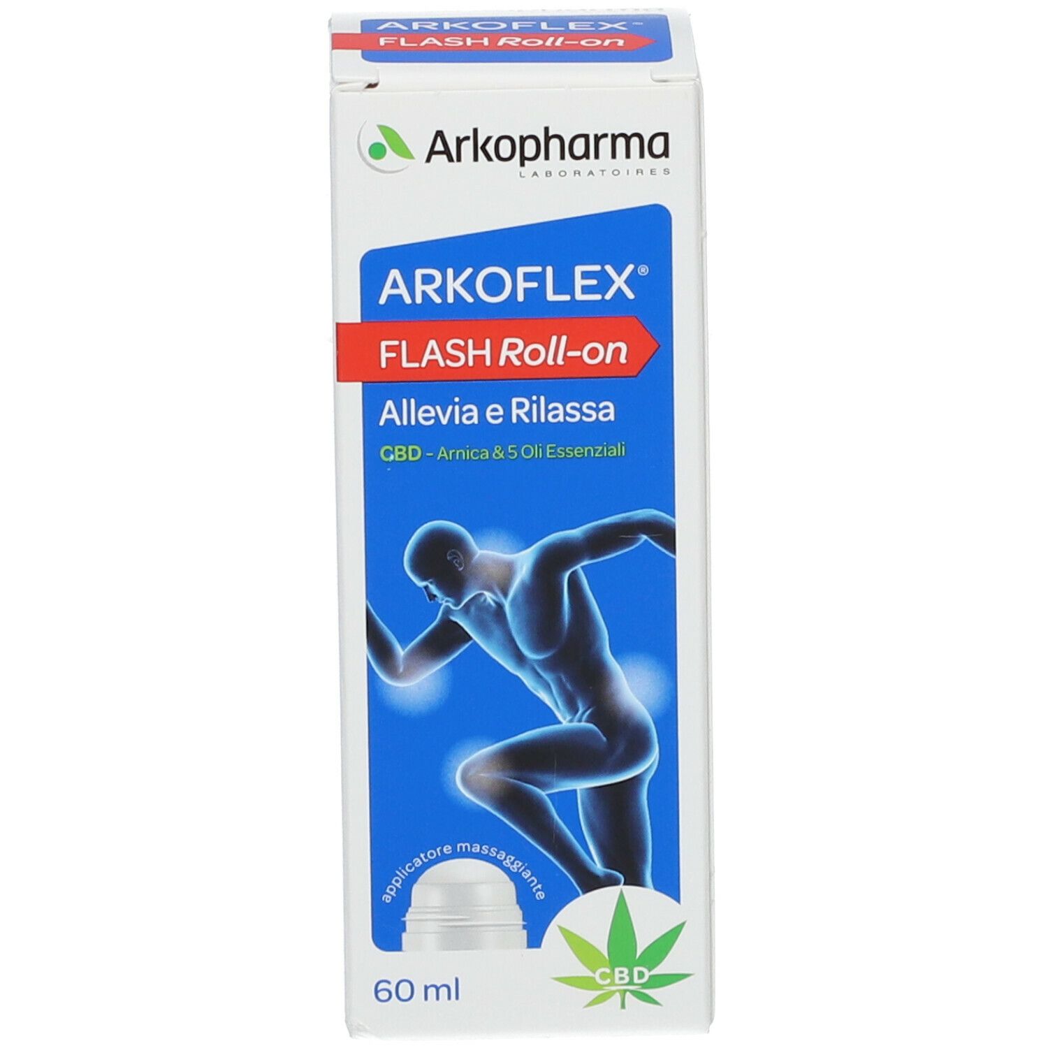 Scatola Arkoflex Flash Roll-on. Nome e logo visibili. Contiene CBD, Arnica e oli essenziali. 60 ml.