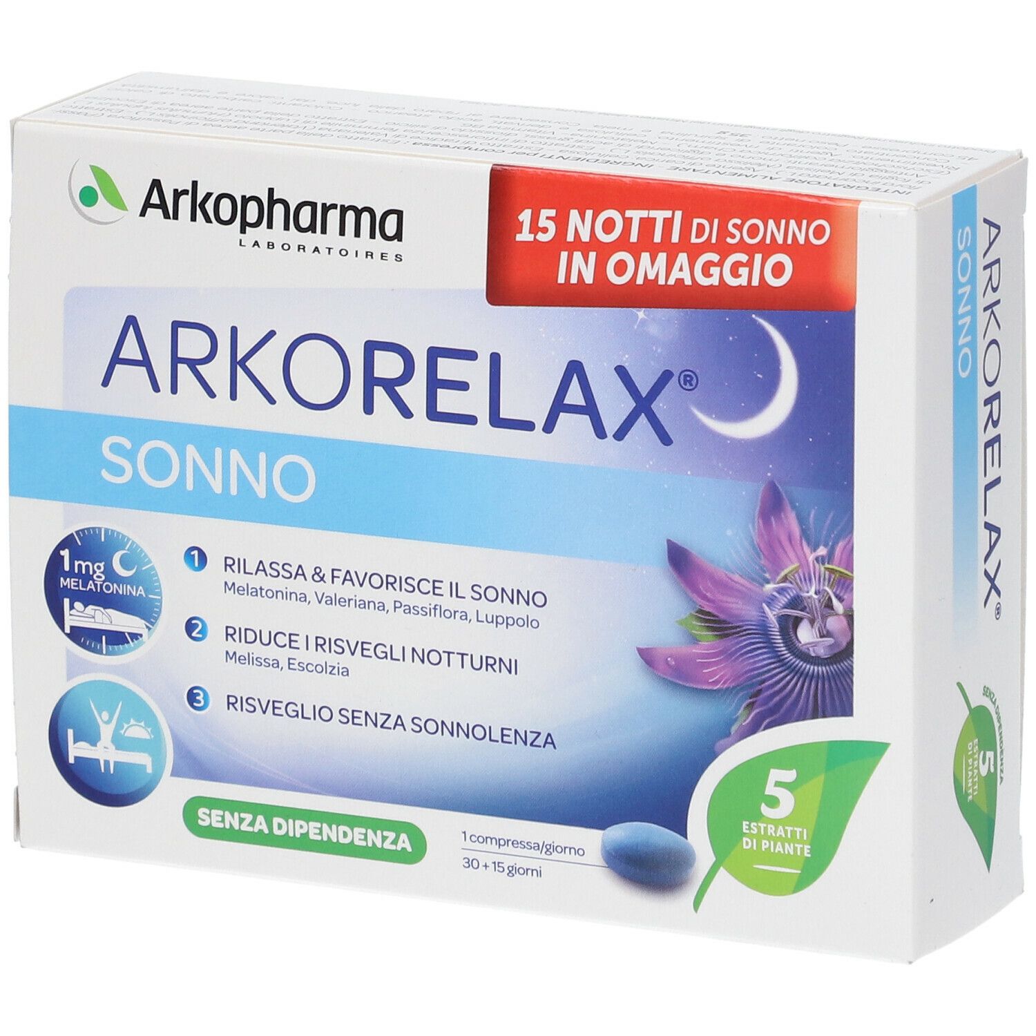 Scatola ARKORELAX Sonno. Confezione blu e bianca. Testo: 15 Notti di Sonno in Omaggio. 5 Estratti di Piante.
