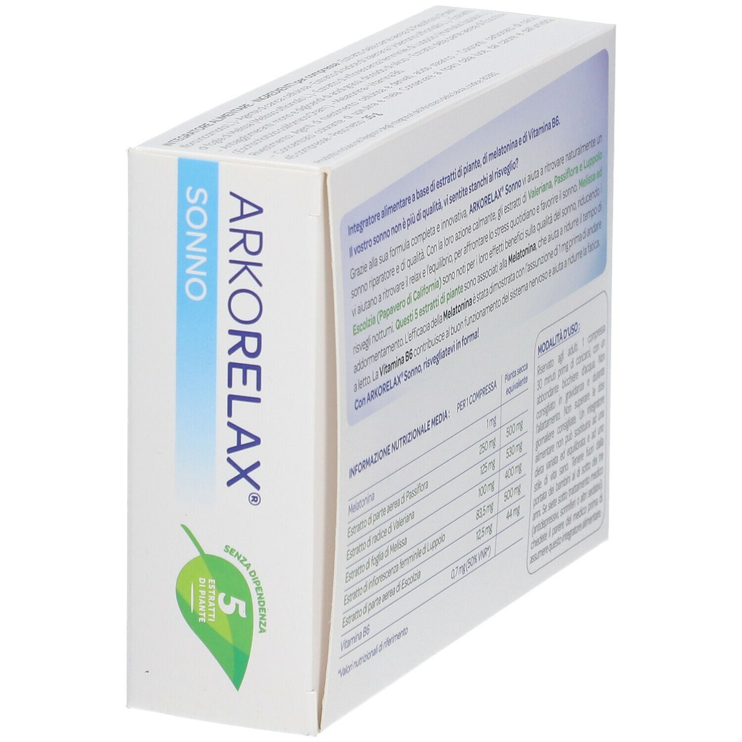 Vista laterale della scatola ARKORELAX Sonno. Testo in italiano. Contiene informazioni sugli ingredienti.