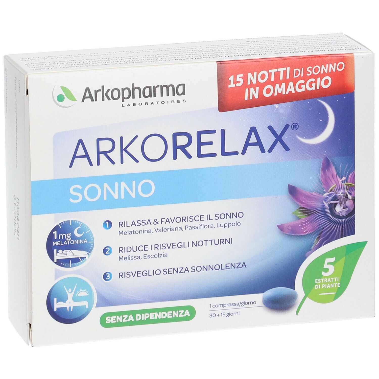 Scatola ARKORELAX Sonno. Confezione blu e bianca. Testo: 15 Notti di Sonno in Omaggio. 5 Estratti di Piante.