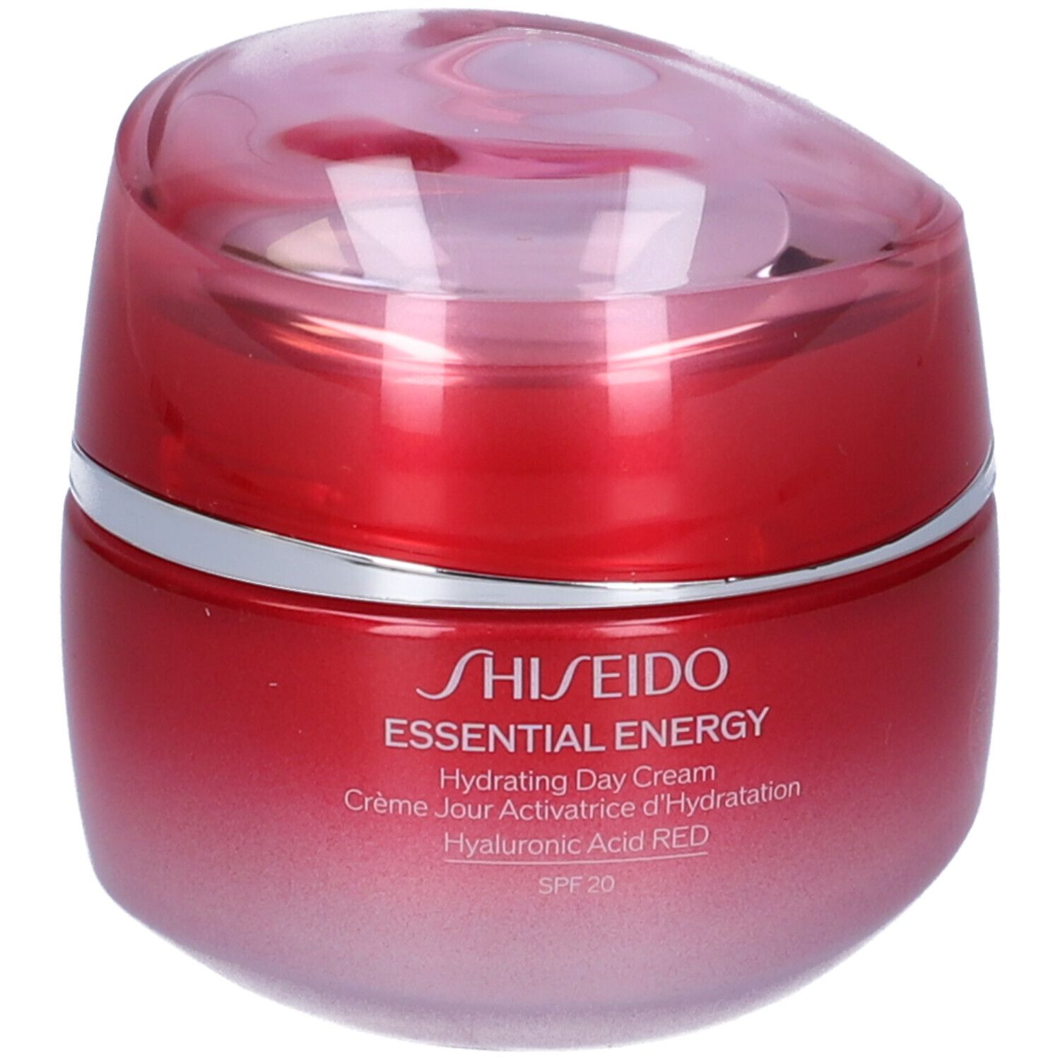 Vasetto rosso con coperchio. Anello argentato. Scritta: SHISEIDO ESSENTIAL ENERGY Hydrating Day Cream. SPF 20.