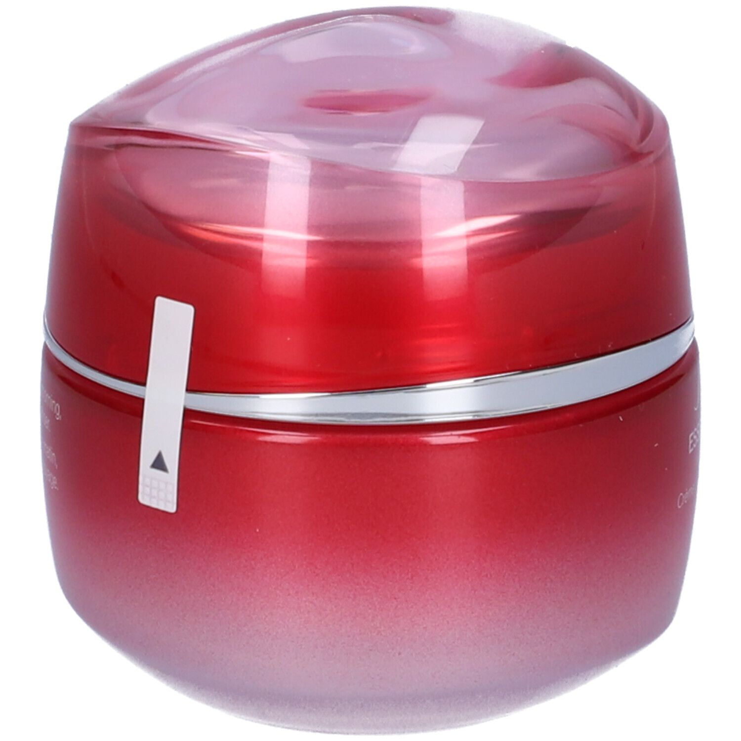 Vasetto rosso con coperchio. Anello argentato. Adesivo con freccia. Sfumatura da rosso a rosa.