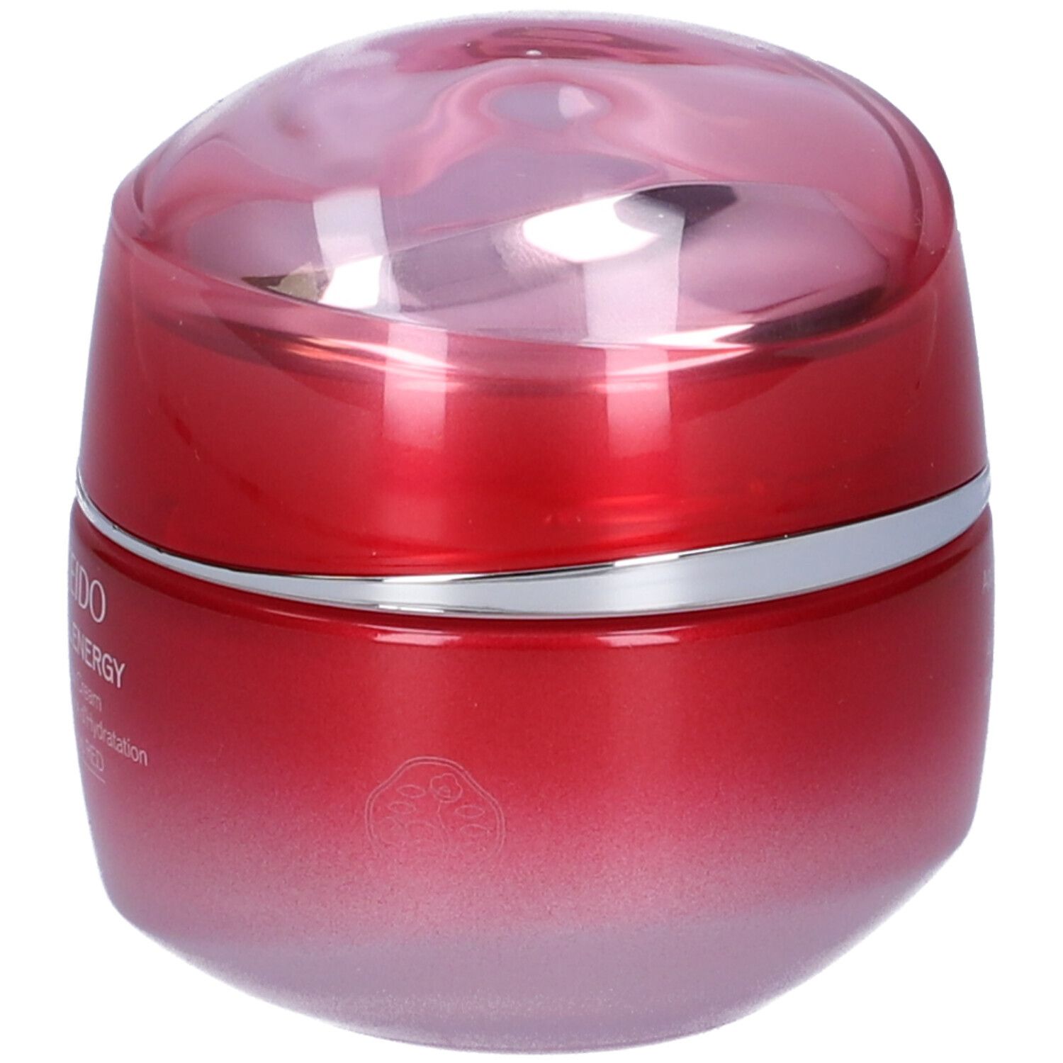 Vasetto rosso con coperchio. Anello argentato. Scritta: SHISEIDO ESSENTIAL ENERGY Hydrating Day Cream. Logo.