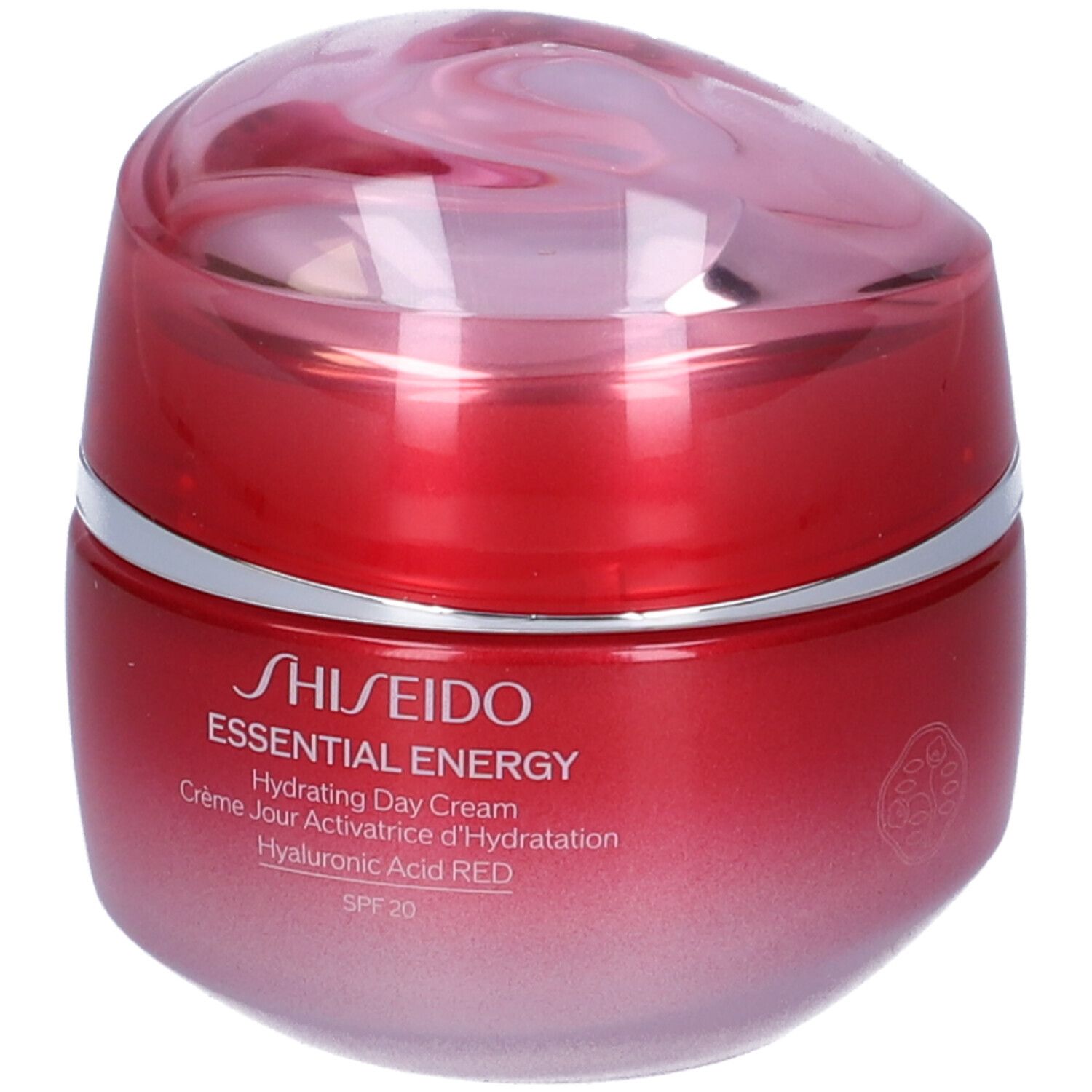 Vasetto rosso con coperchio. Anello argentato. Scritta: SHISEIDO ESSENTIAL ENERGY Hydrating Day Cream. SPF 20.