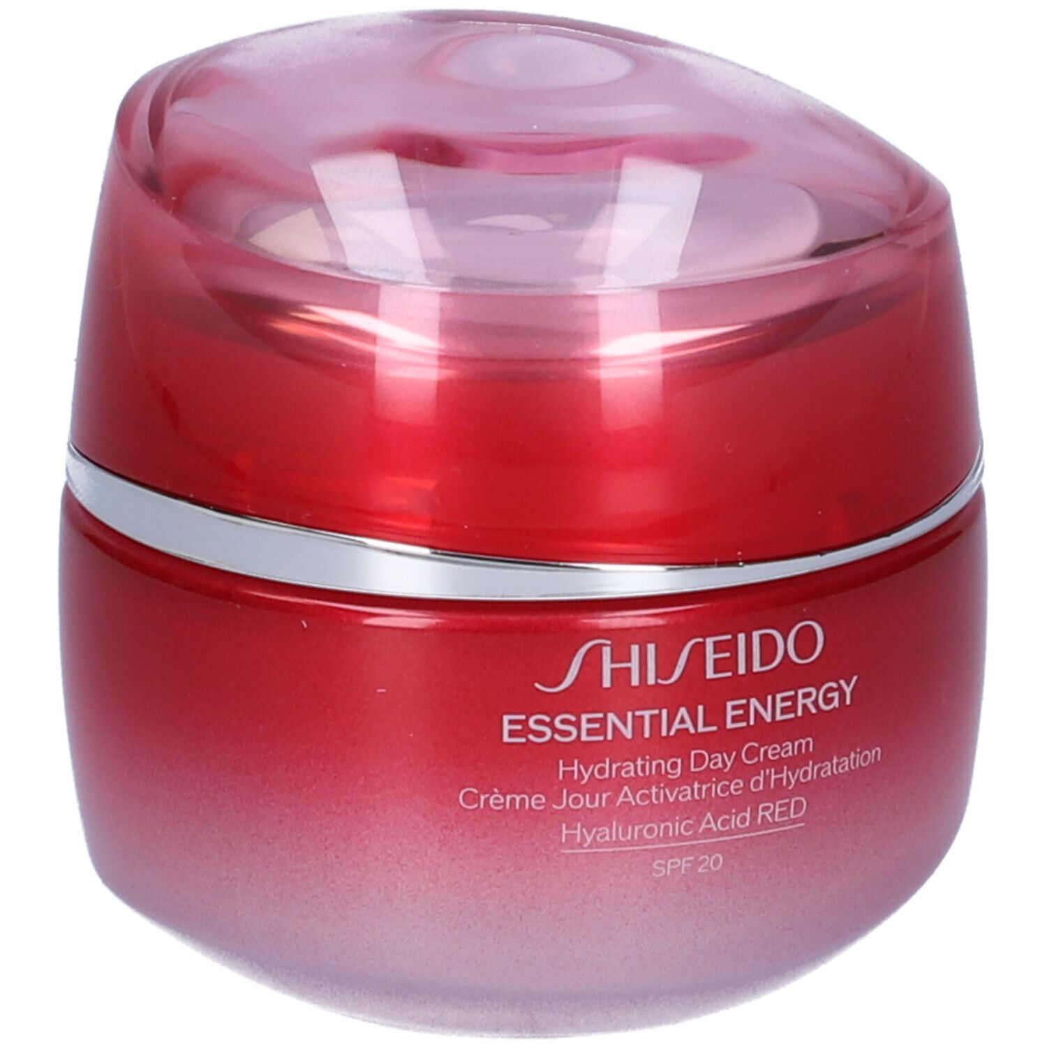 Vasetto rosso con coperchio. Anello argentato. Scritta: SHISEIDO ESSENTIAL ENERGY Hydrating Day Cream. SPF 20.