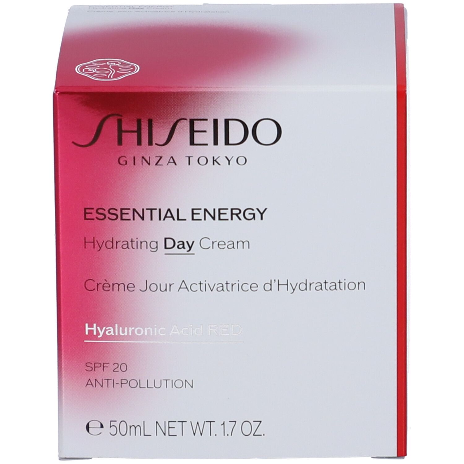 Scatola bianca con accento rosso. Scritta: SHISEIDO GINZA TOKYO. ESSENTIAL ENERGY Hydrating Day Cream. SPF 20.