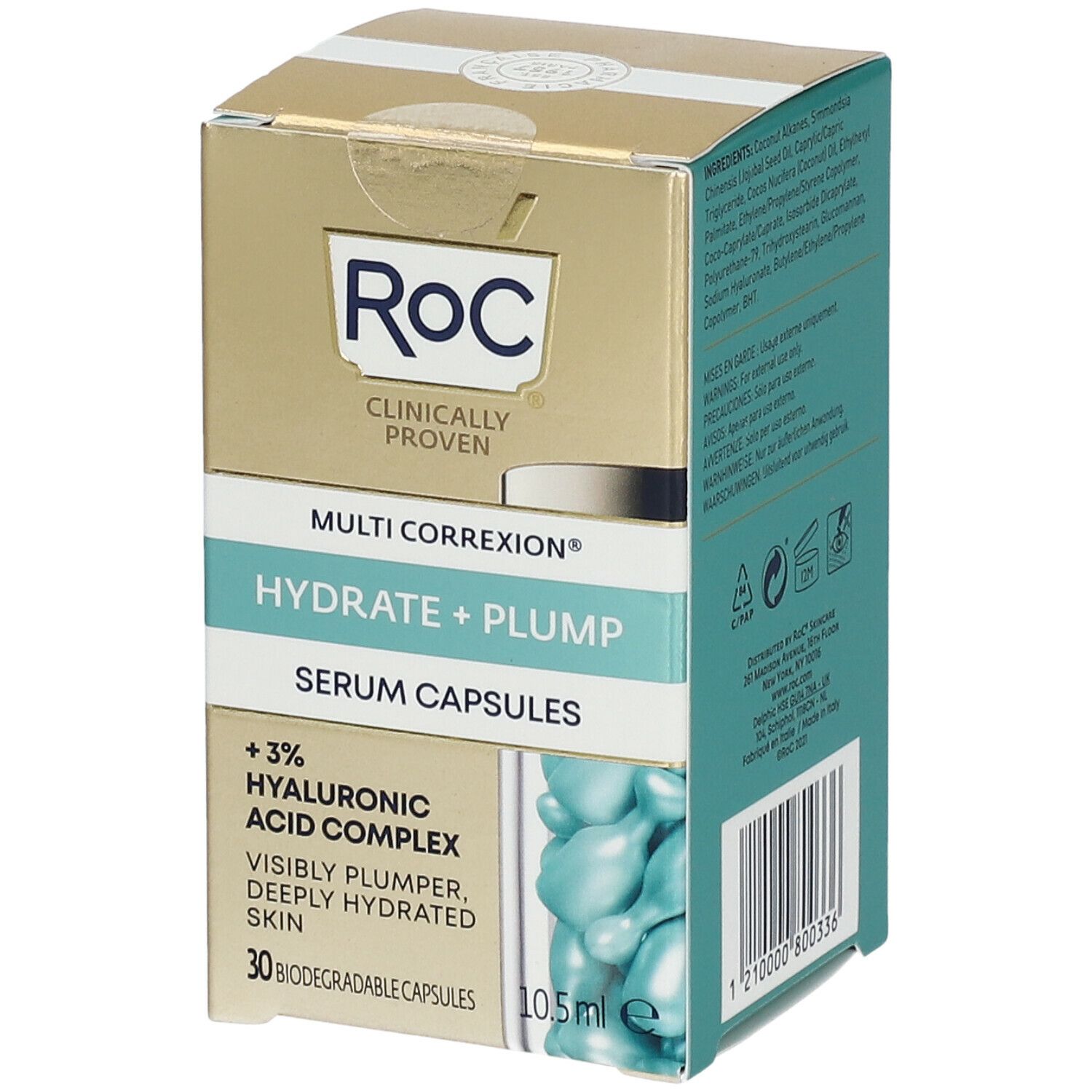 Scatola ROC MULTI CORREXION® Hydrate + Plump Serum Capsules. Contiene 30 capsule. Scritto: +3% Complesso acido ialuronico.
