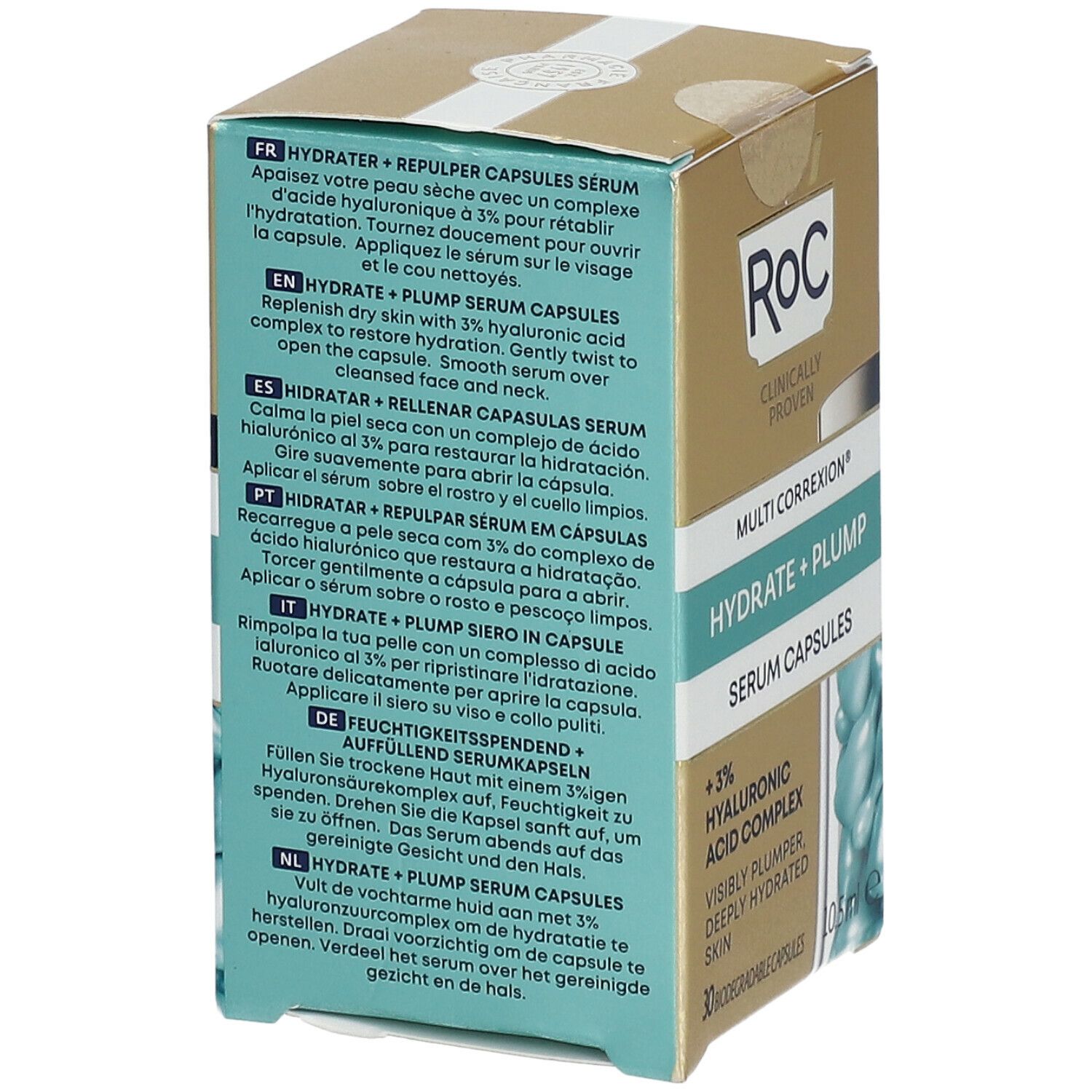 Retro della scatola ROC MULTI CORREXION® Serum Capsules. Istruzioni multilingue. Contiene 30 capsule.