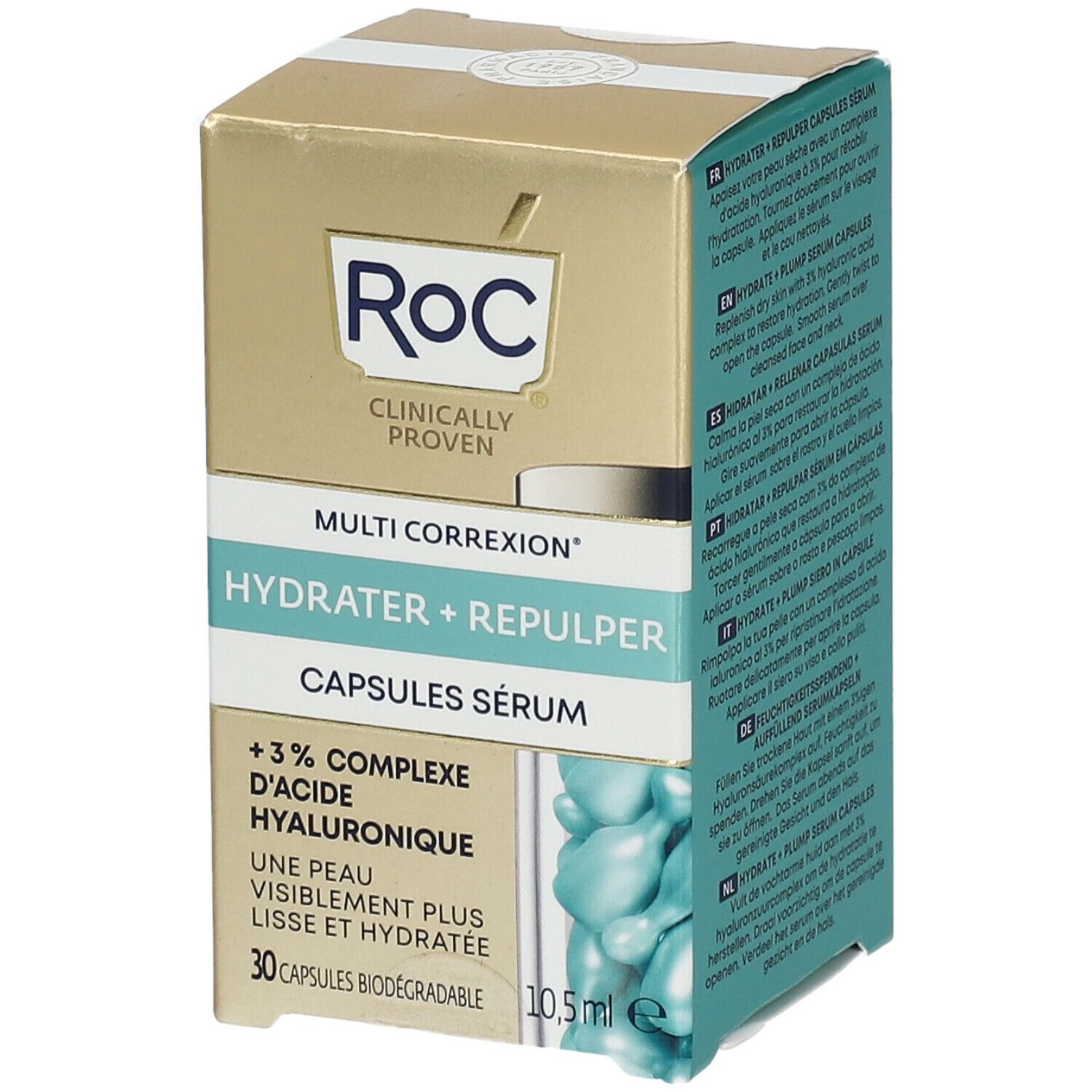 Scatola ROC MULTI CORREXION® Hydrater + Repulper Capsules Sérum. Contiene 30 capsule. Scritto: +3% Complesso acido ialuronico.