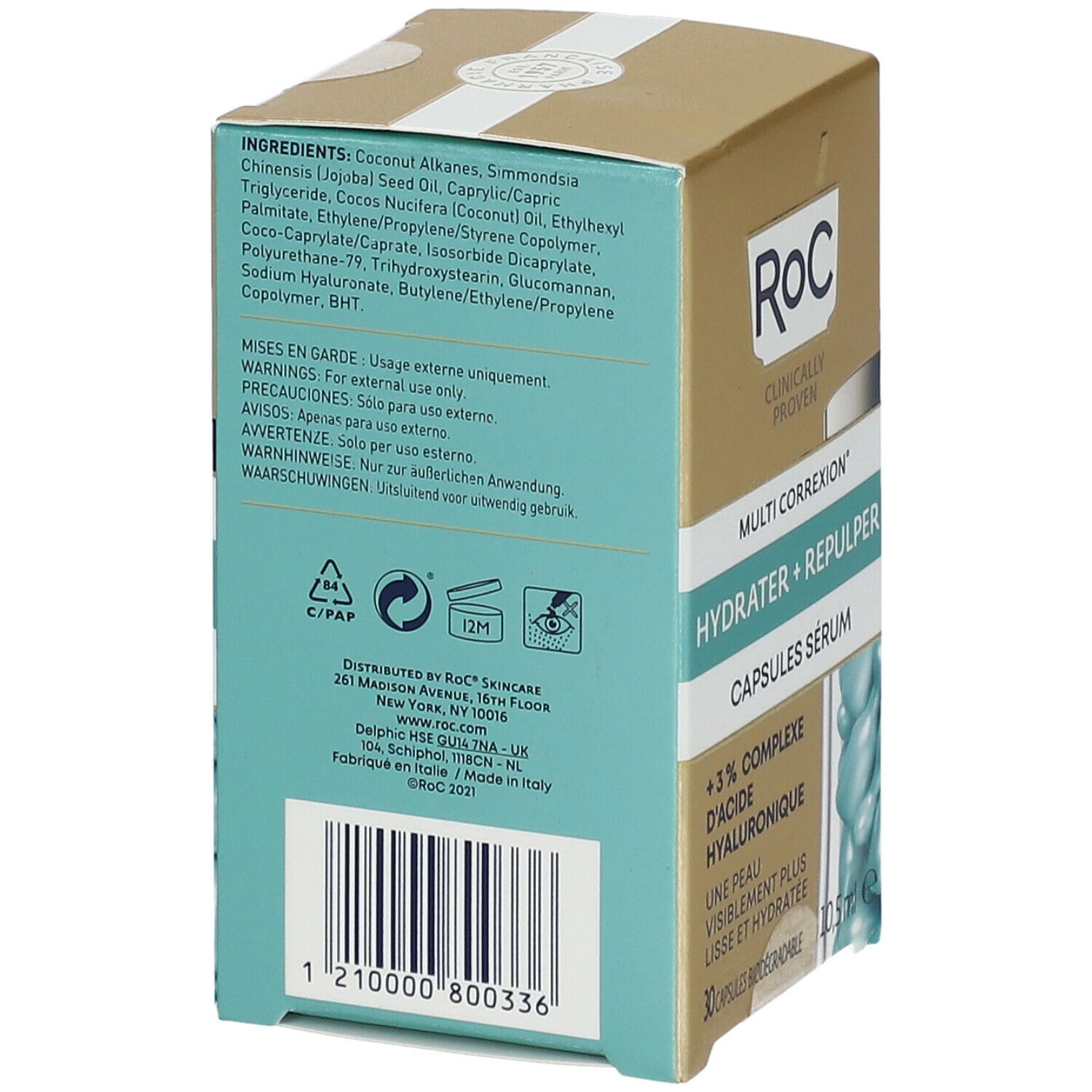 Lato della scatola ROC MULTI CORREXION® Siero. Elenco ingredienti, avvertenze e informazioni del produttore. Simbolo 12M.