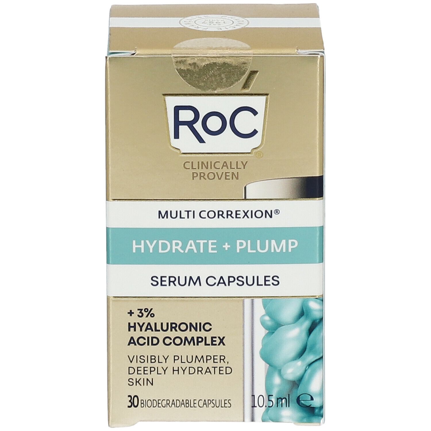 Scatola ROC MULTI CORREXION® Hydrate + Plump Serum Capsules. Contiene 30 capsule. Scritto: +3% Complesso acido ialuronico.