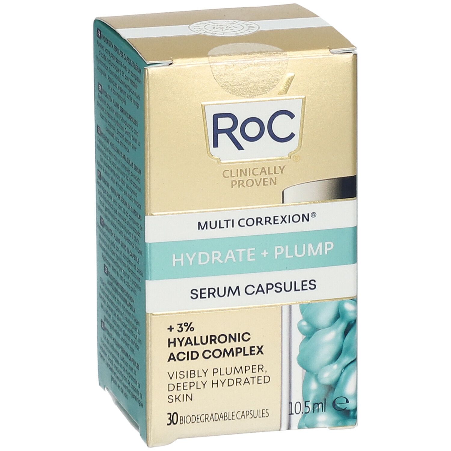Scatola ROC MULTI CORREXION® Hydrate + Plump Serum Capsules. Contiene 30 capsule. Scritto: +3% Complesso acido ialuronico.