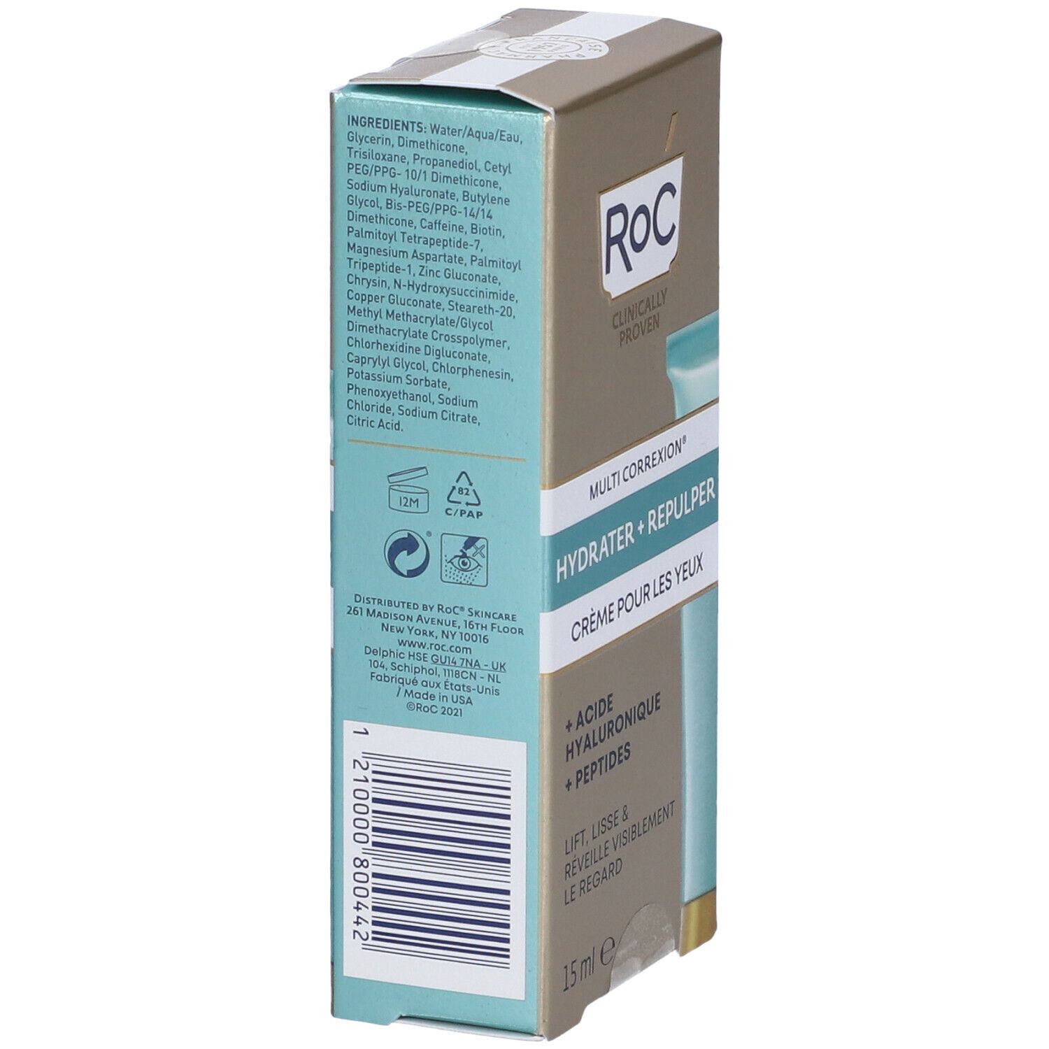 Retro della confezione di crema occhi RoC® MULTI CORREXION®. Contiene ingredienti e codice a barre.