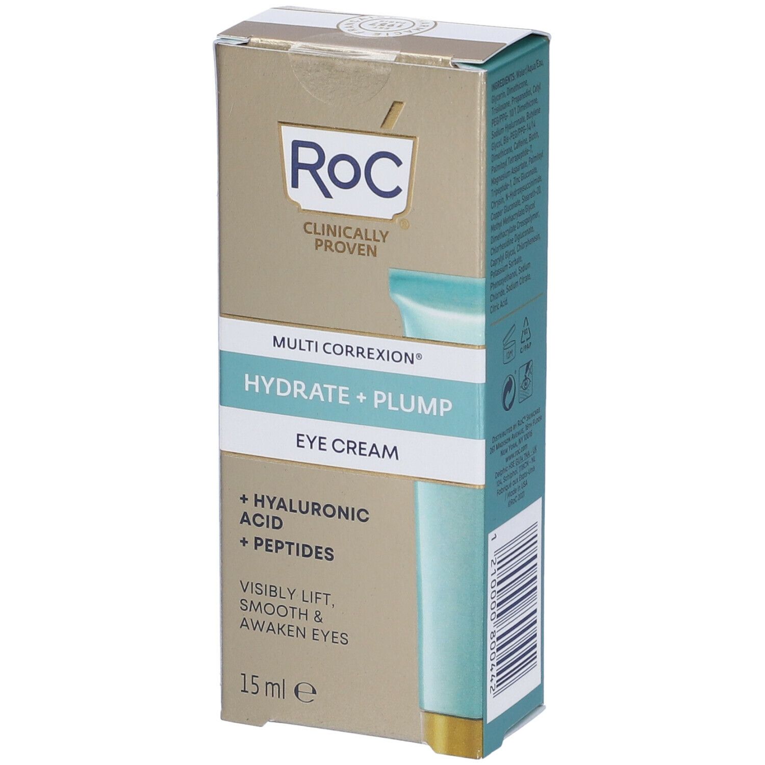 Confezione di RoC® MULTI CORREXION® Eye Cream. Contiene acido ialuronico e peptidi. 15 ml.
