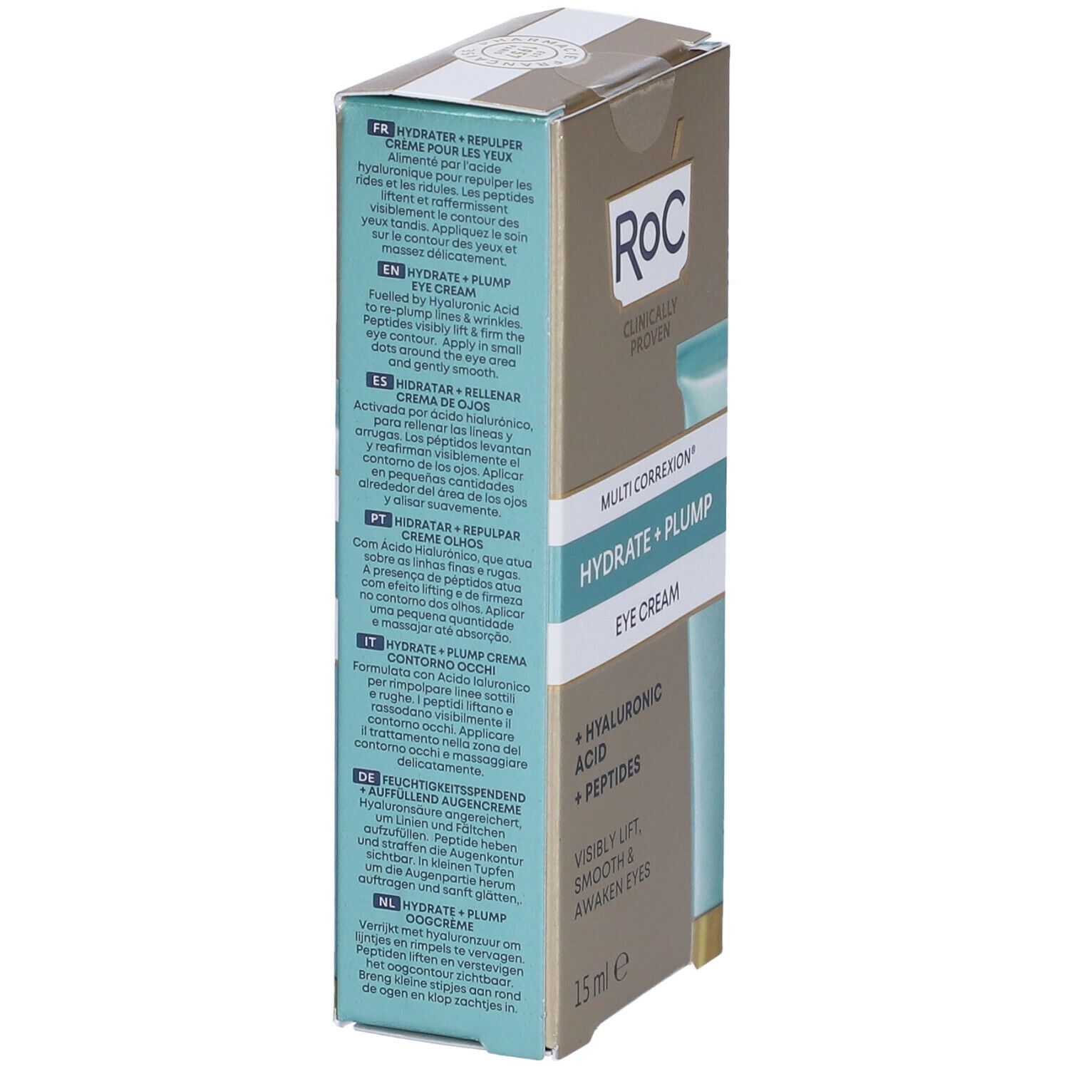 Confezione di crema occhi RoC® MULTI CORREXION® con testi multilingue. 15 ml.