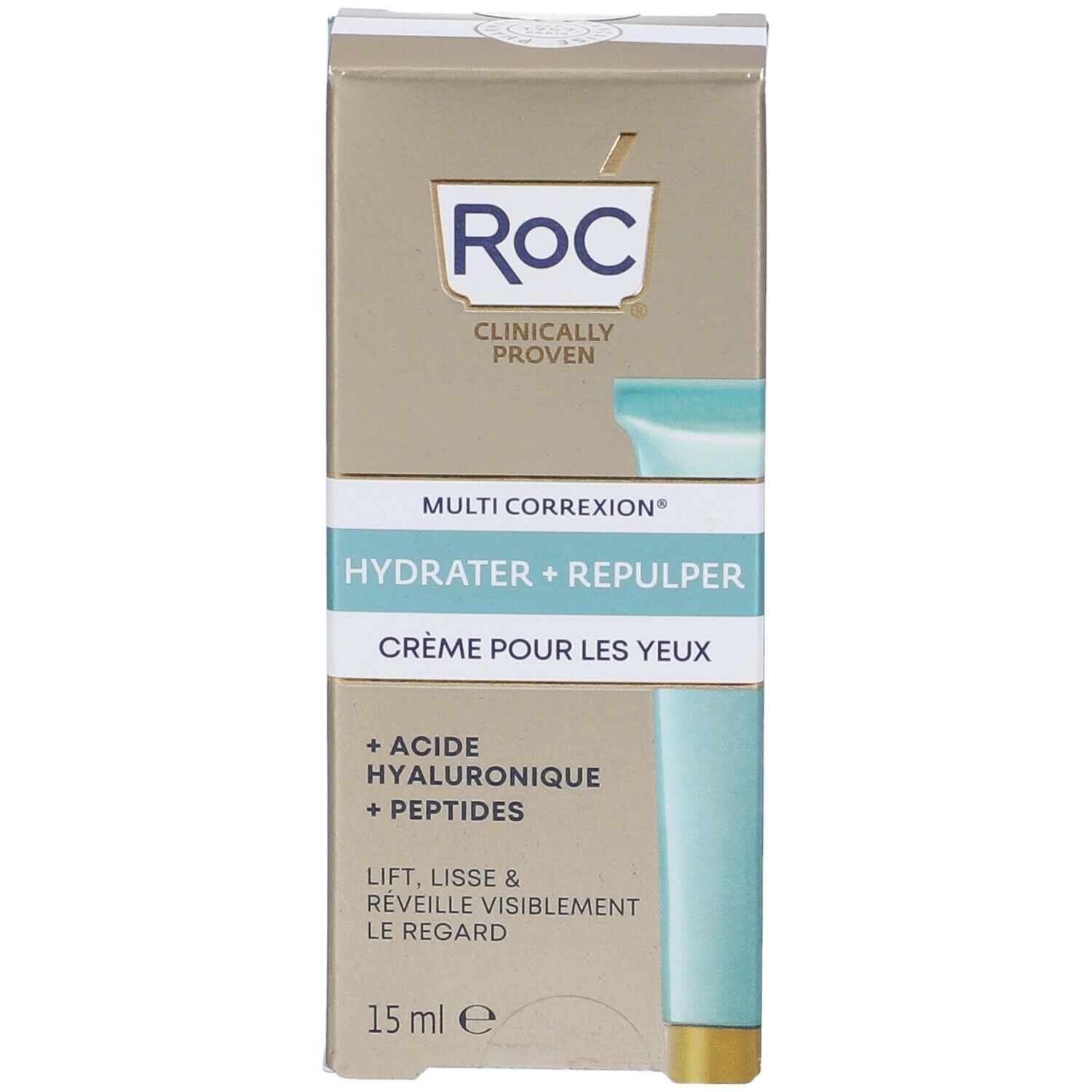 Confezione di crema occhi RoC® MULTI CORREXION®. Contiene acido ialuronico e peptidi. 15 ml.