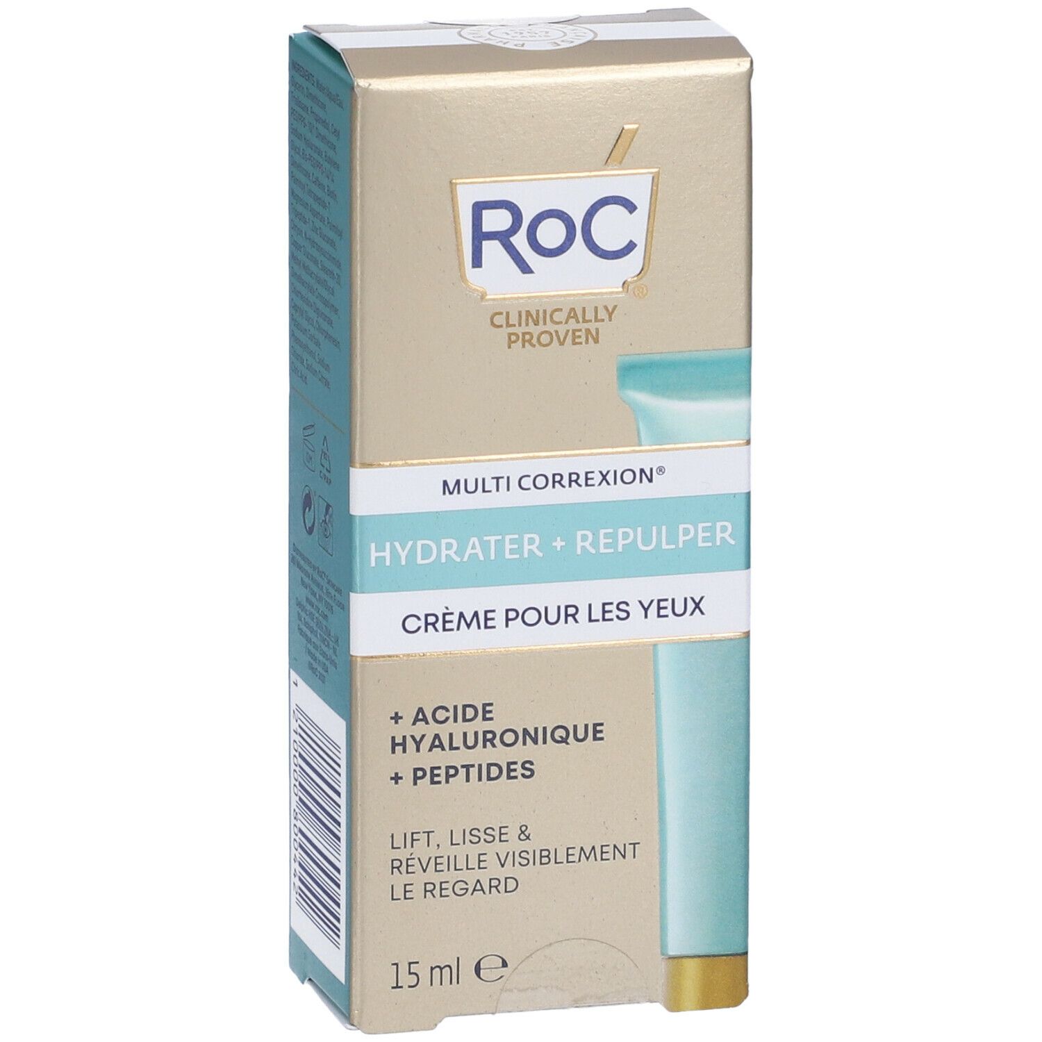 Confezione di crema occhi RoC® MULTI CORREXION®. Contiene acido ialuronico e peptidi. 15 ml.