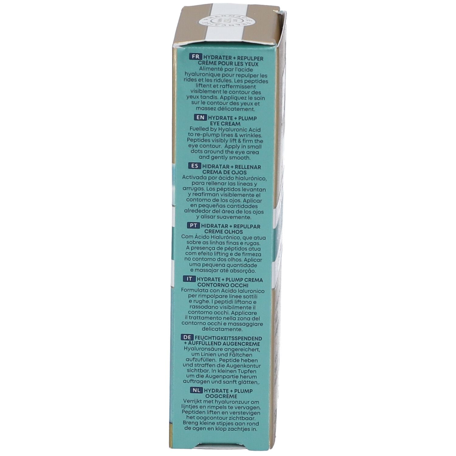 Seite der Produktverpackung. Text in verschiedenen Sprachen. Türkisfarbener Hintergrund mit weißen Buchstaben.