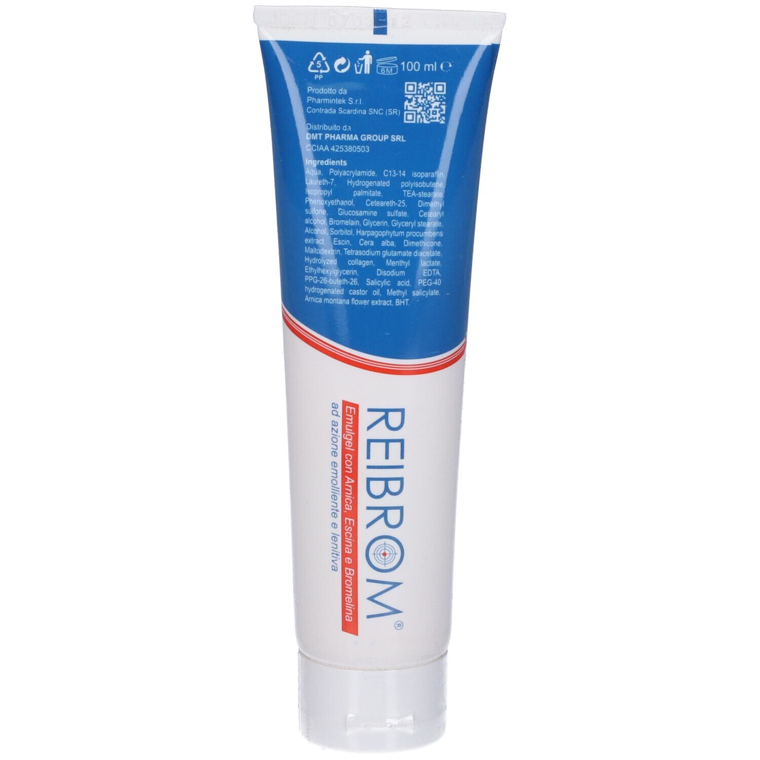 Retro del tubo. Testo: REIBROM, Ingredienti, 100 ml, codice QR, istruzioni per l'uso.