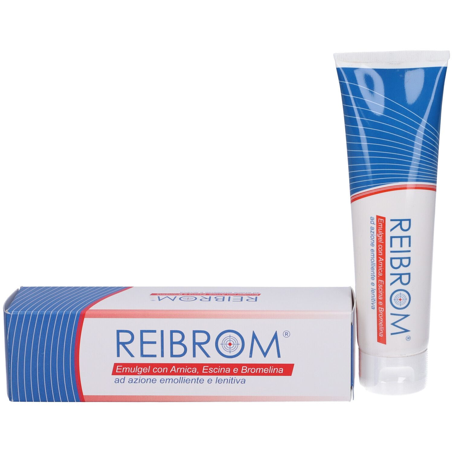 Tubo e scatola. Scatola: REIBROM, Emulgel con Arnica, Escina e Bromelina. Tubo: REIBROM, Emulgel.