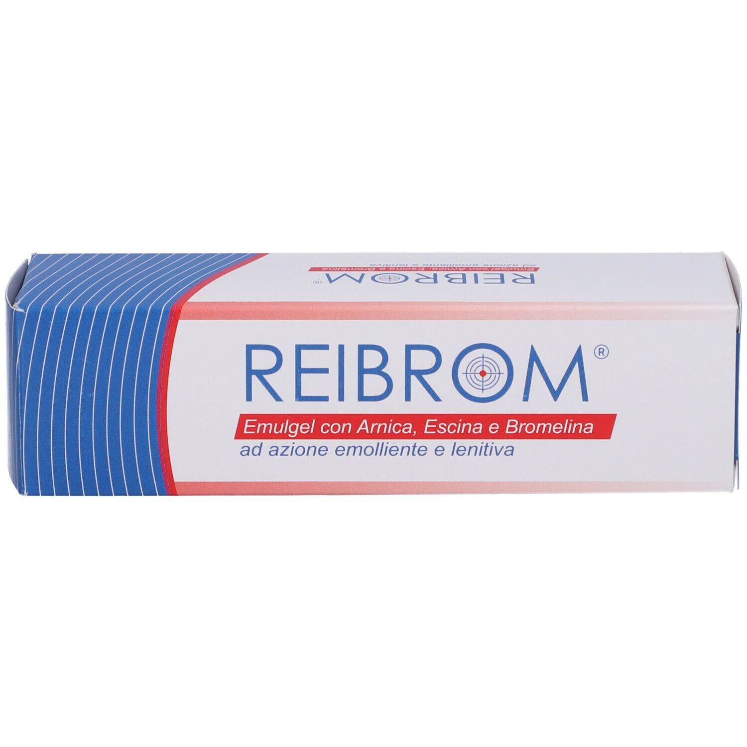 Scatola bianca con coperchio blu e testo: REIBROM, Emulgel con Arnica, Escina e Bromelina.