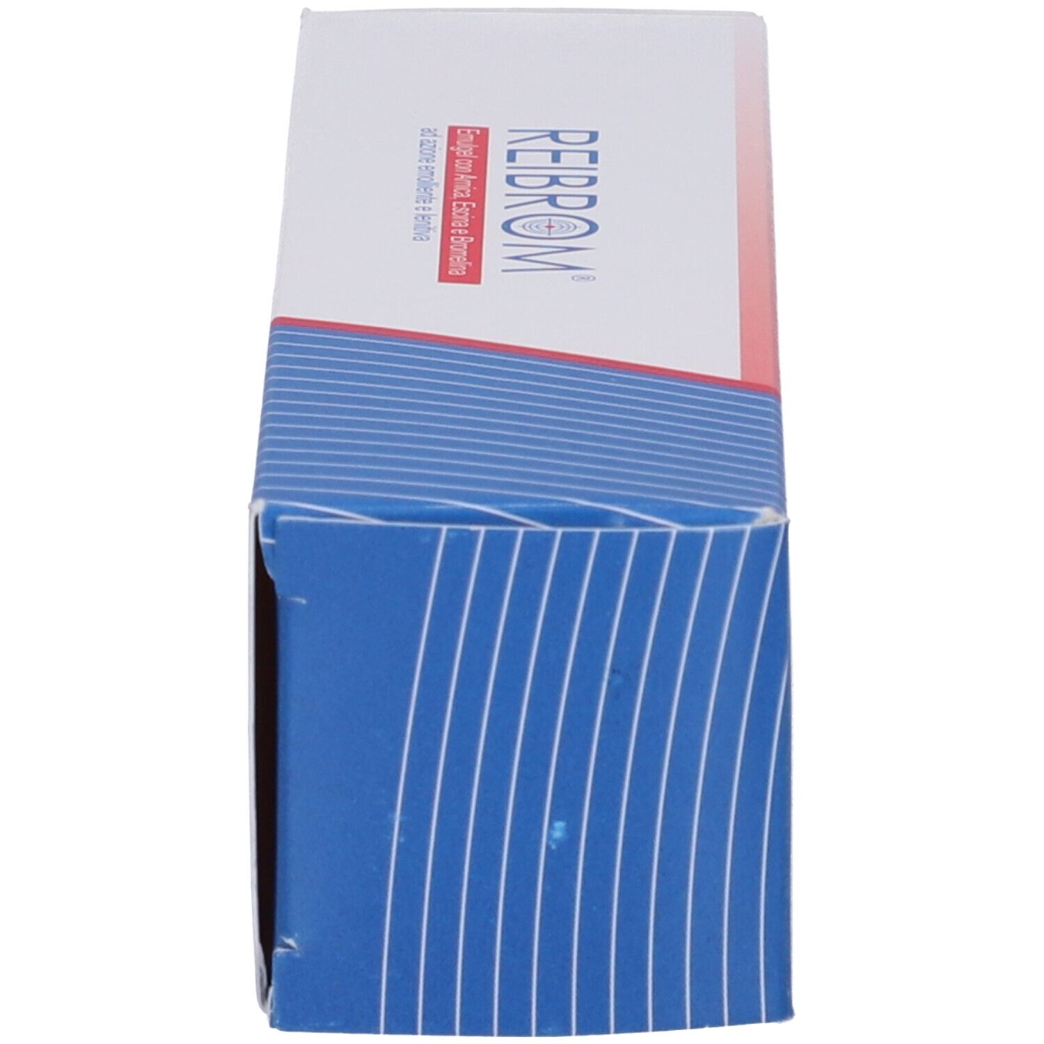 Scatola, vista laterale. Blu, bianco e rosso. Testo: REIBROM, Emulgel con Arnica, Escina e Bromelina.