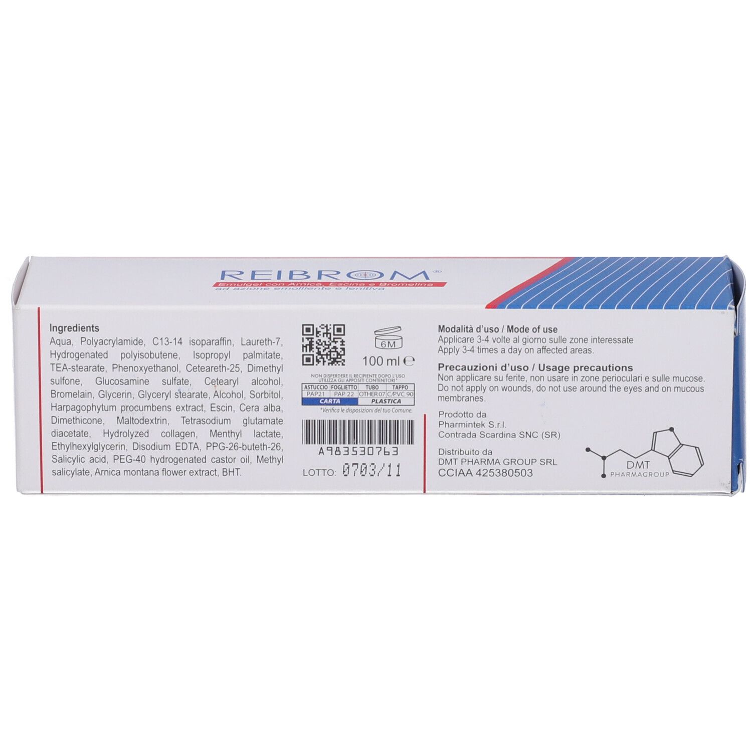 Retro della scatola. Testo: REIBROM, Ingredienti, 100 ml, istruzioni per l'uso, codice QR.