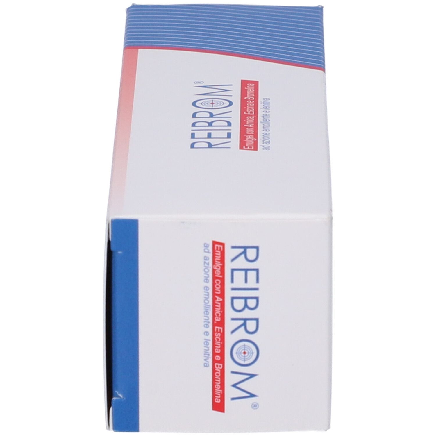 Scatola, vista dall'alto. Testo: REIBROM, Emulgel con Arnica, Escina e Bromelina.