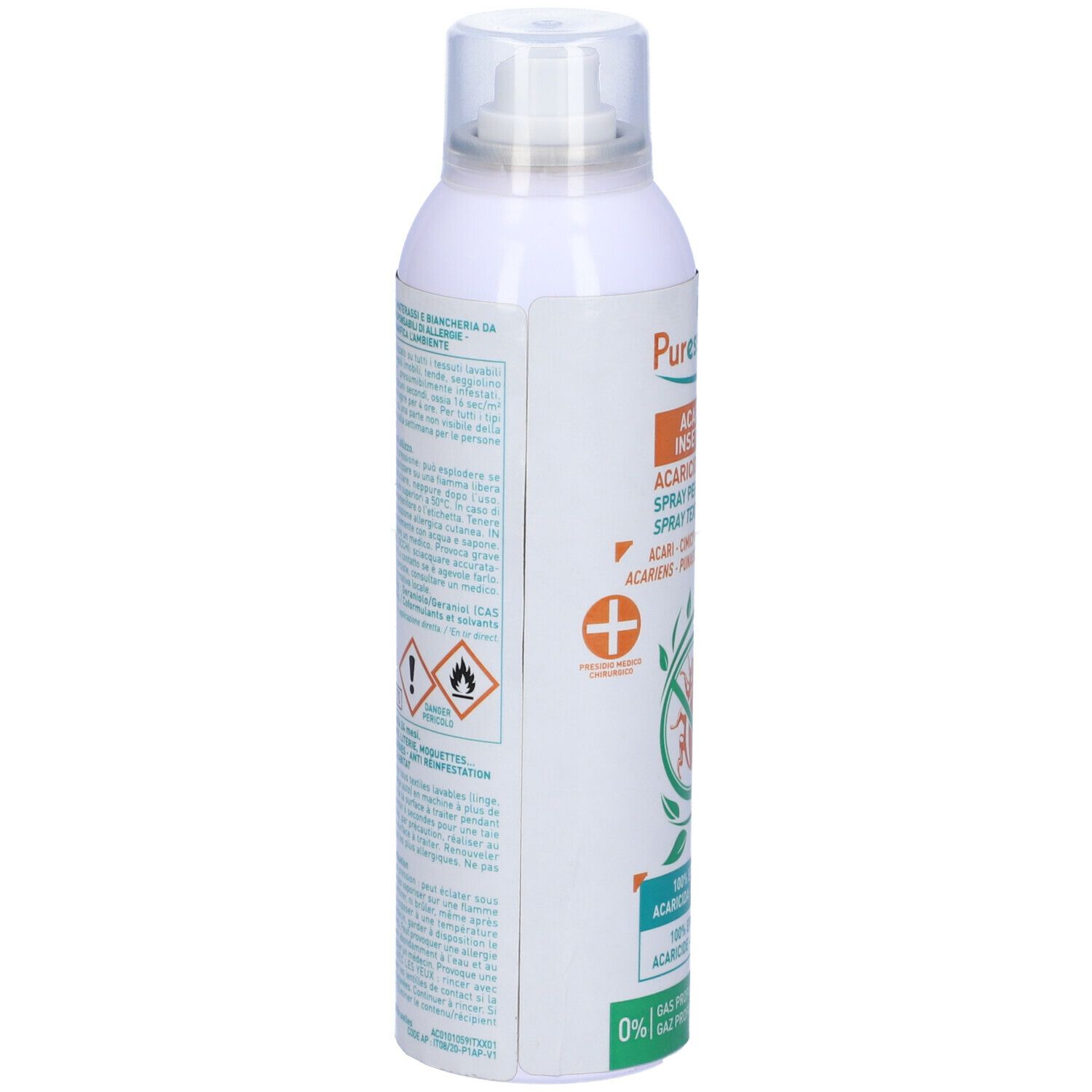 Spray bianco, vista laterale. Scritte e loghi. Avvertenze e pittogrammi sul retro.
