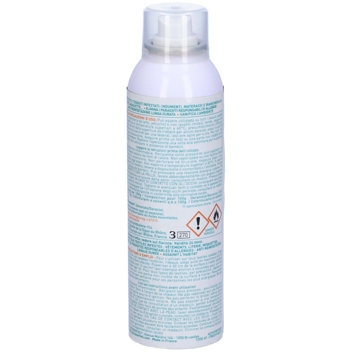Spray bianco, retro. Testo e pittogrammi. Avvertenze e informazioni sull'uso.