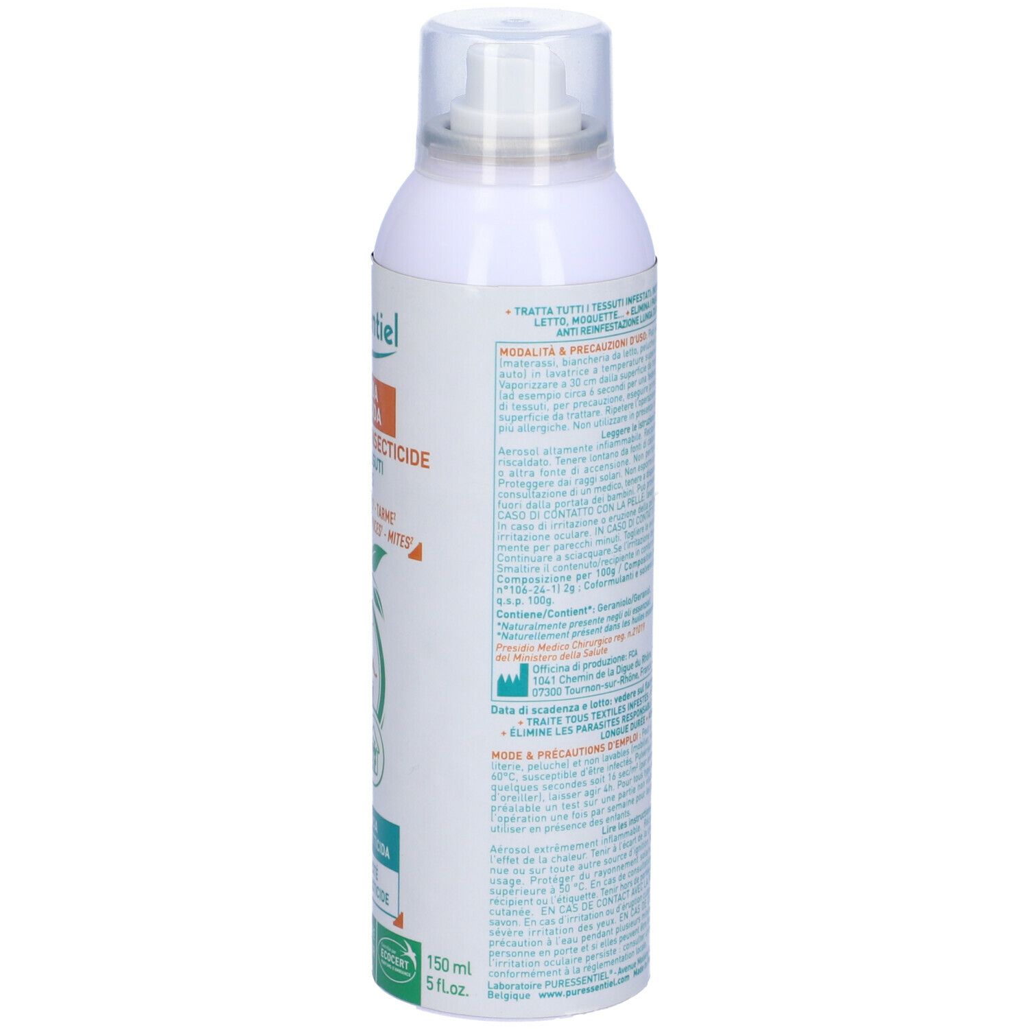 Spray bianco, retro. Testo e pittogrammi. Informazioni sull'uso e precauzioni.