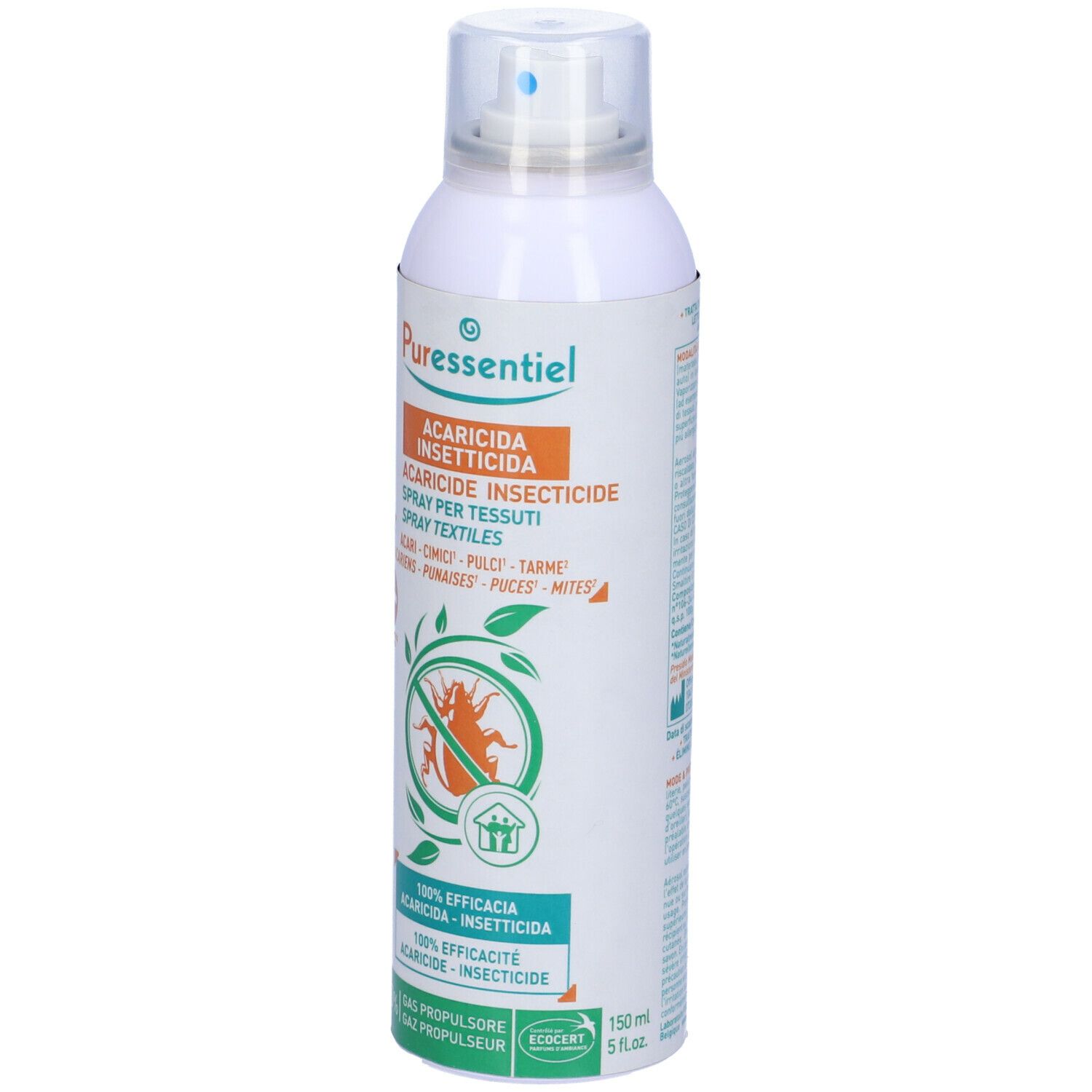Spray bianco con erogatore blu. Scritta: Acaricida Insetticida. Logo con insetto e foglie.