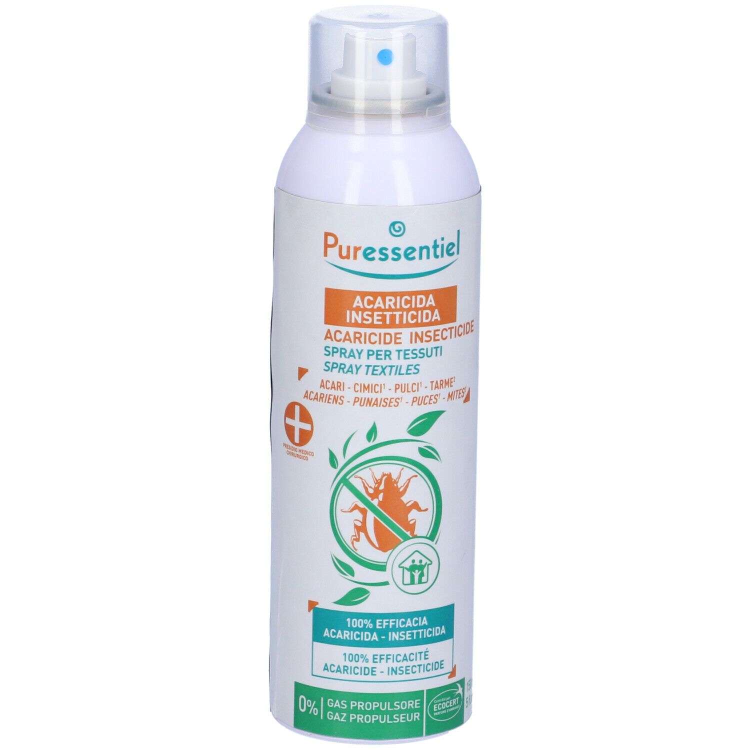 Spray bianco con erogatore blu. Scritta: Acaricida Insetticida. Logo con insetto e foglie.