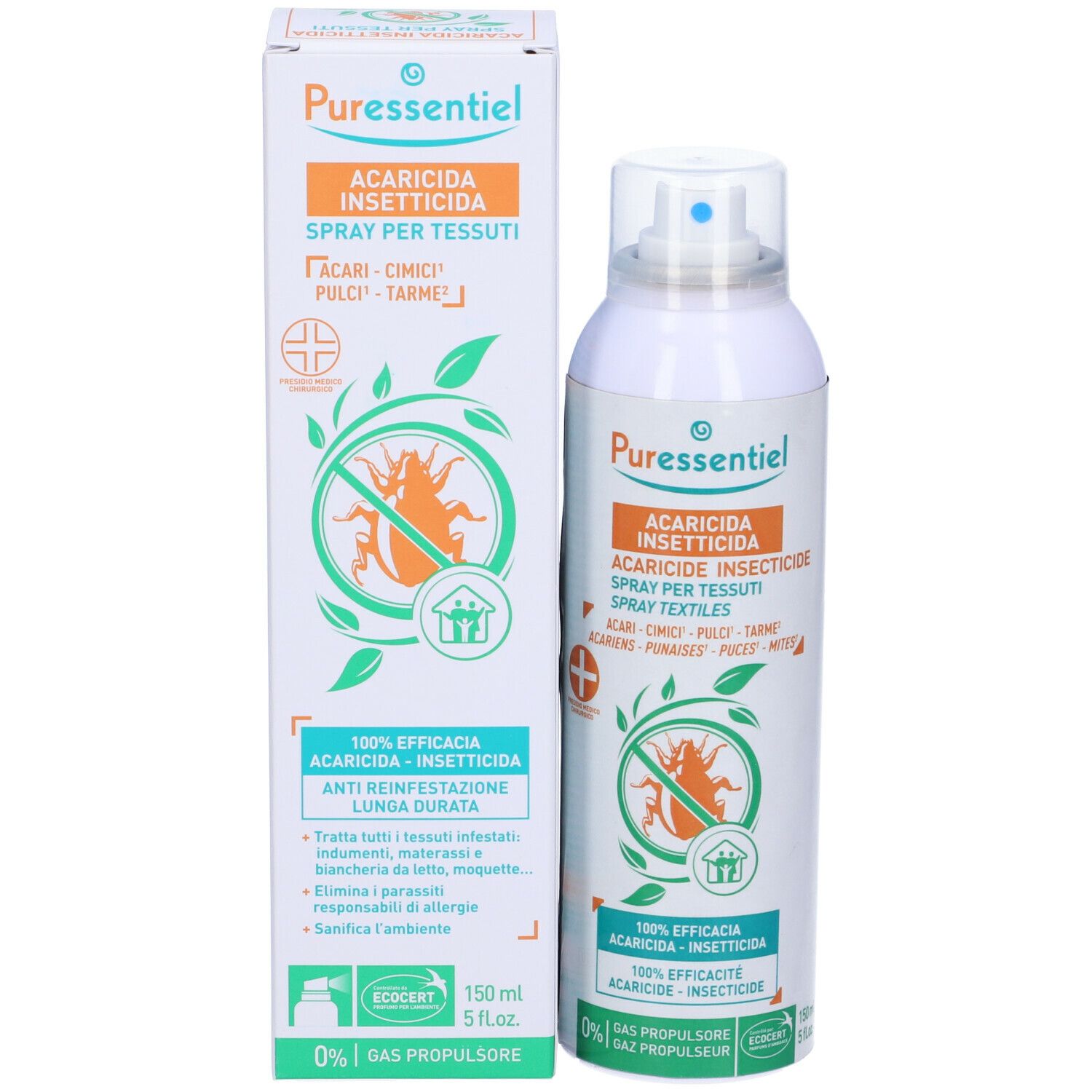 Spray e confezione. Scritta: Acaricida Insetticida. Logo con insetto e foglie. Confezione bianca.
