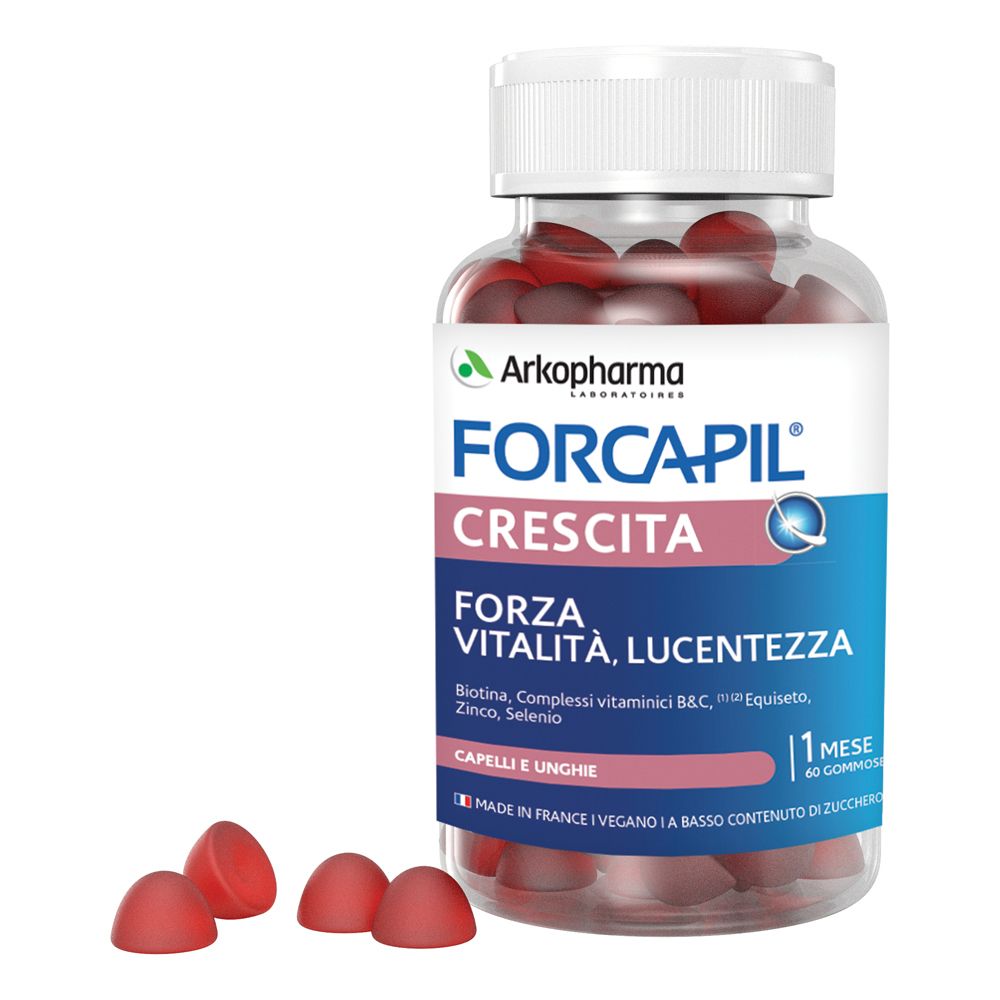 Flacone trasparente con caramelle gommose rosse. Scritta Forcapil Crescita. Contiene biotina, zinco, selenio. 60 caramelle.