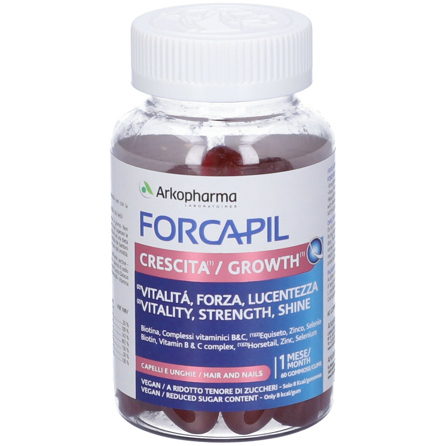 Flacone trasparente con caramelle gommose rosse. Scritta Forcapil Crescita/Growth. Contiene biotina, zinco, selenio. 60 caramelle.