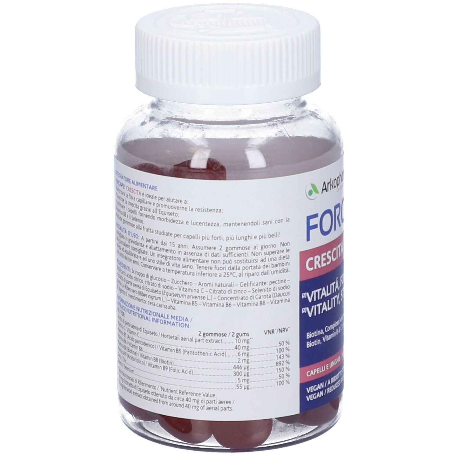 Retro di un flacone con caramelle gommose rosse. Scritta Forcapil Crescita. Contiene biotina, zinco, selenio. Informazioni nutrizionali.