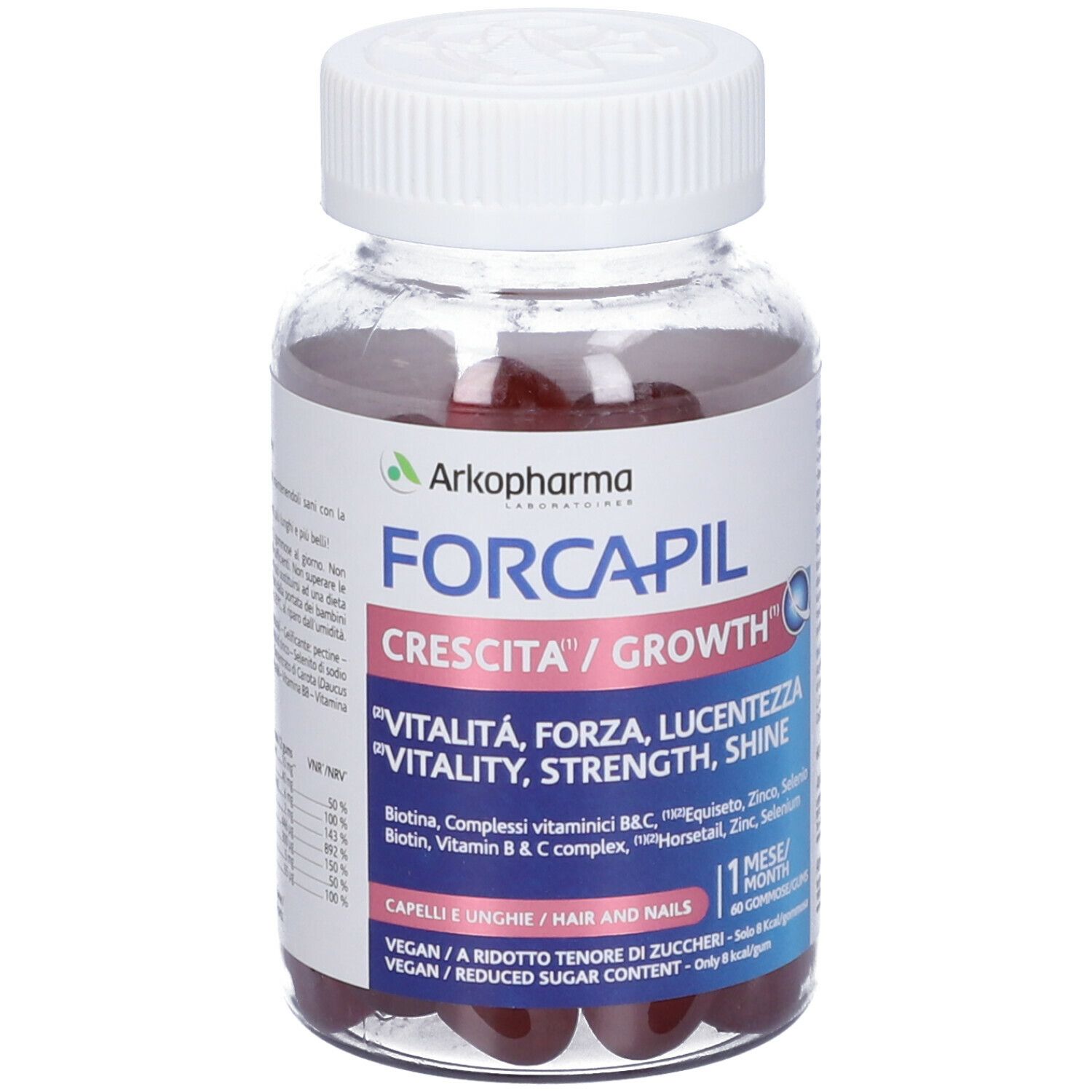 Flacone trasparente con caramelle gommose rosse. Scritta Forcapil Crescita/Growth. Contiene biotina, zinco, selenio. 60 caramelle.