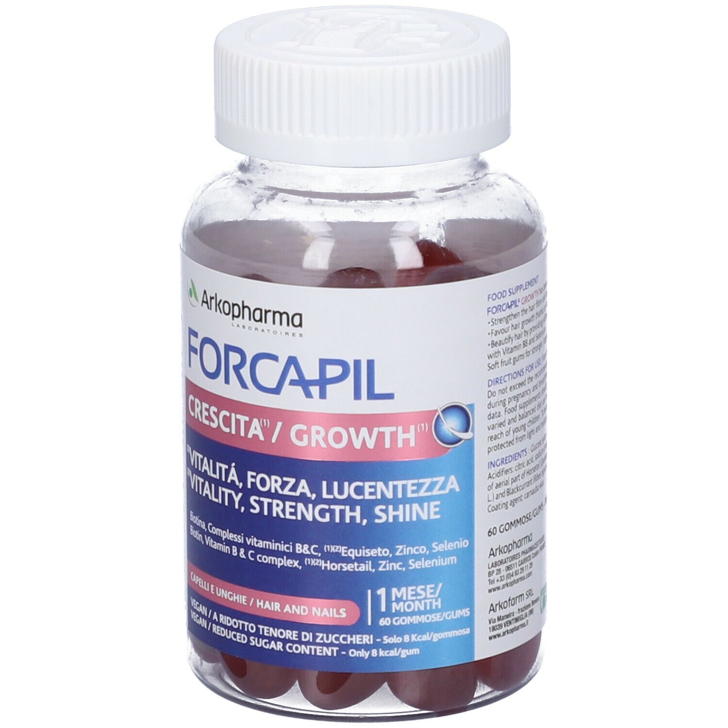 Flacone trasparente con caramelle gommose rosse. Scritta Forcapil Crescita/Growth. Contiene biotina, zinco, selenio. 60 caramelle.