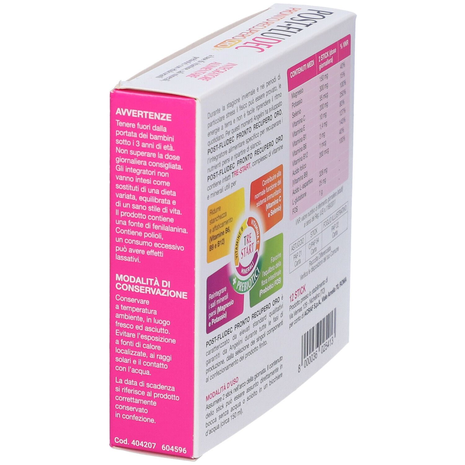 Lato scatola rosa "POST-FLUDEC PRONTO RECUPERO ORO". Contiene avvertenze e ingredienti. 12 stick.